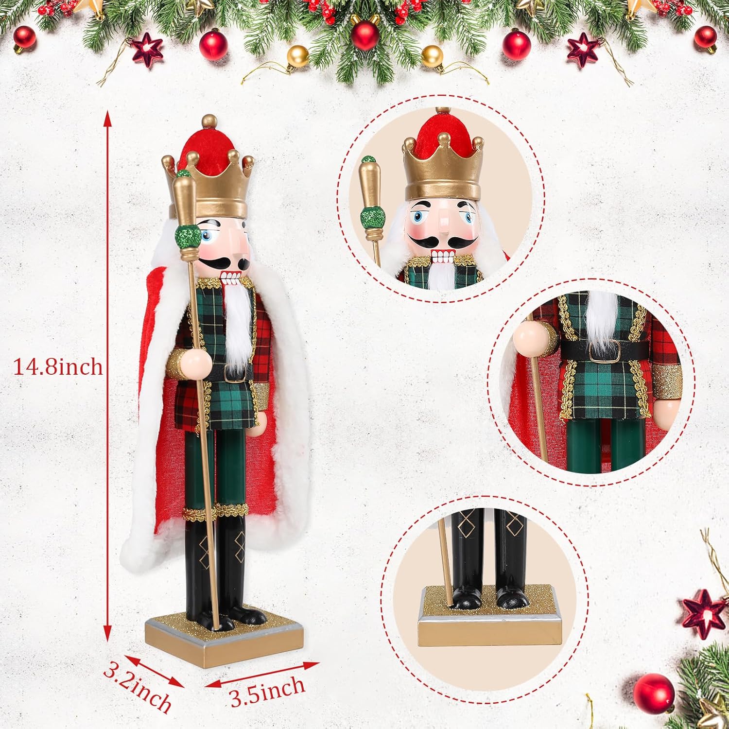Nutcracker Christmas Decorations, 15 Inch Wooden Soldier Figures Ornament, Christmas Nutcrackers Gift Festive Collectible for Indoor Home Shelves Table Desktop Mantel Fireplace Decor, Green