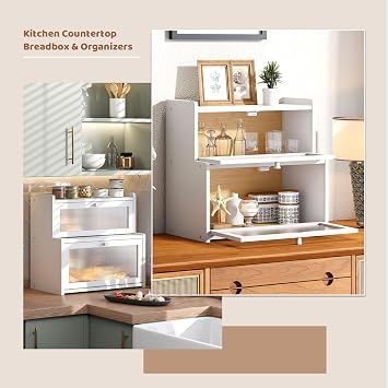 Bread Box for Kitchen Countertop Double Layer Large Corner Bread Box Capacity Bread Storage Bin Farmhouse Breadbox Container Organizer Cabinet Cupboard (White)