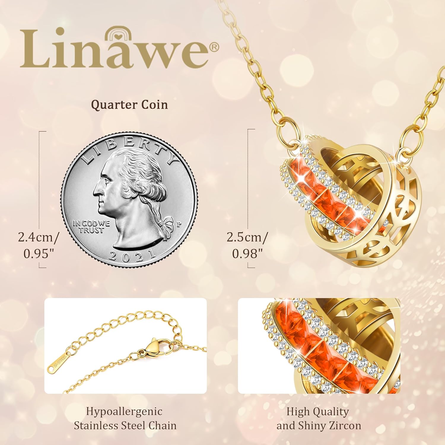 Linawe Moissanite Crystal Imitation Diamond Necklace for Women Trendy, Birthstone Rhinestone Dainty Jewelry, Circle Pendant Stainless Steel Chain Necklaces, Gold, Rose Gold and Silver Tones - Image 2