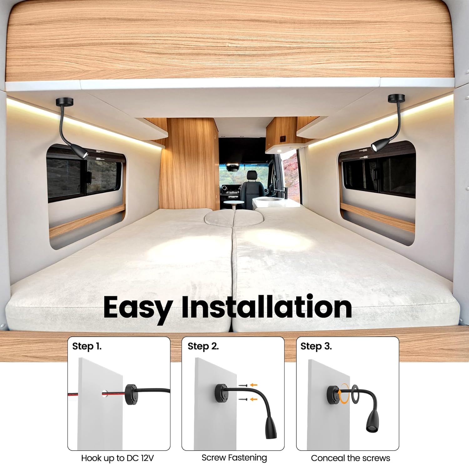 RV Reading Light, 12V LED Reading Light w/USB-C Charge Port, Red Night Light for Reading, Ideal for Camper Van Boat Bedside DC 12-24V Hard-Wired Wall Mount Long (Short)