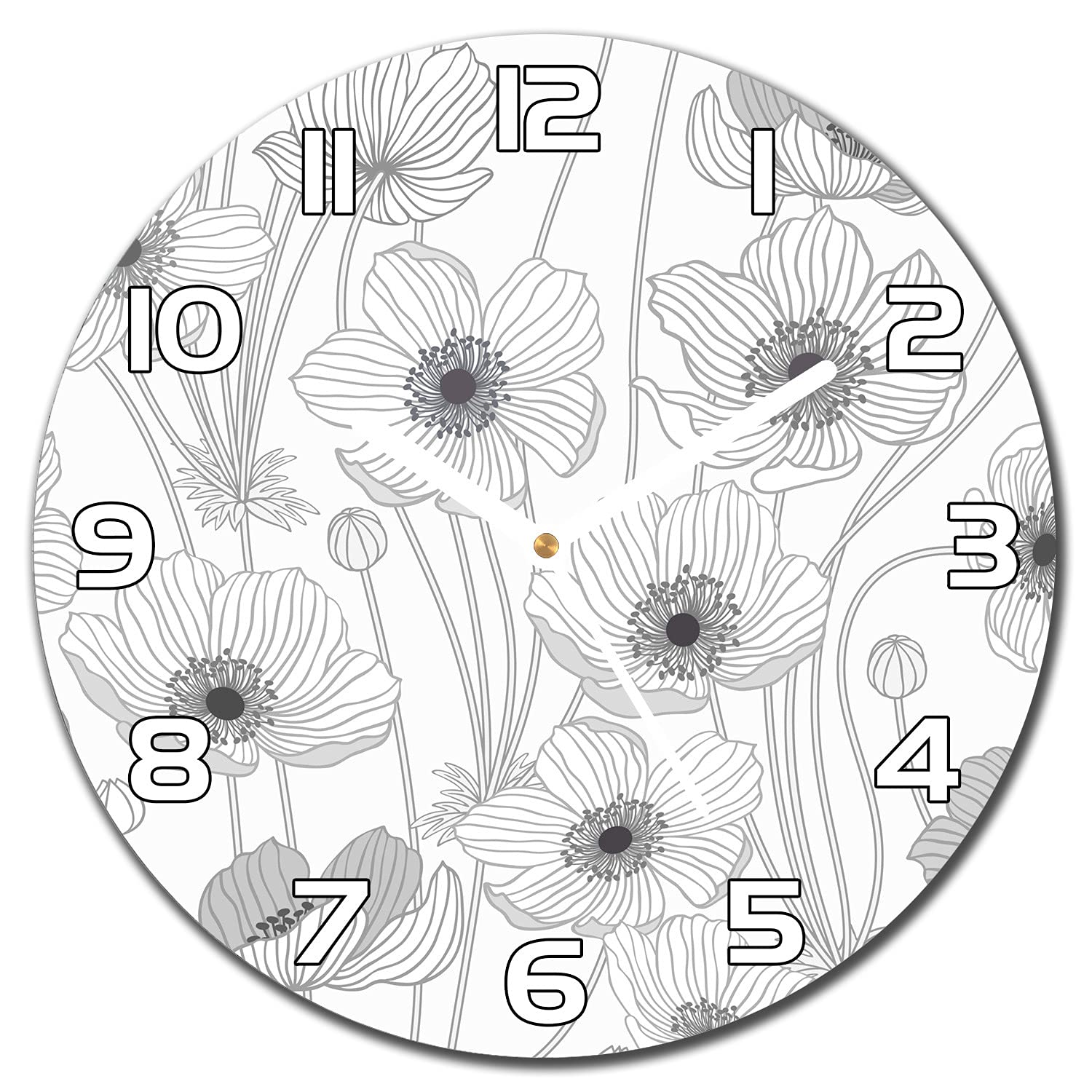Horloge en verre 30 cm Contour des Coquelicots avec aiguilles blanches