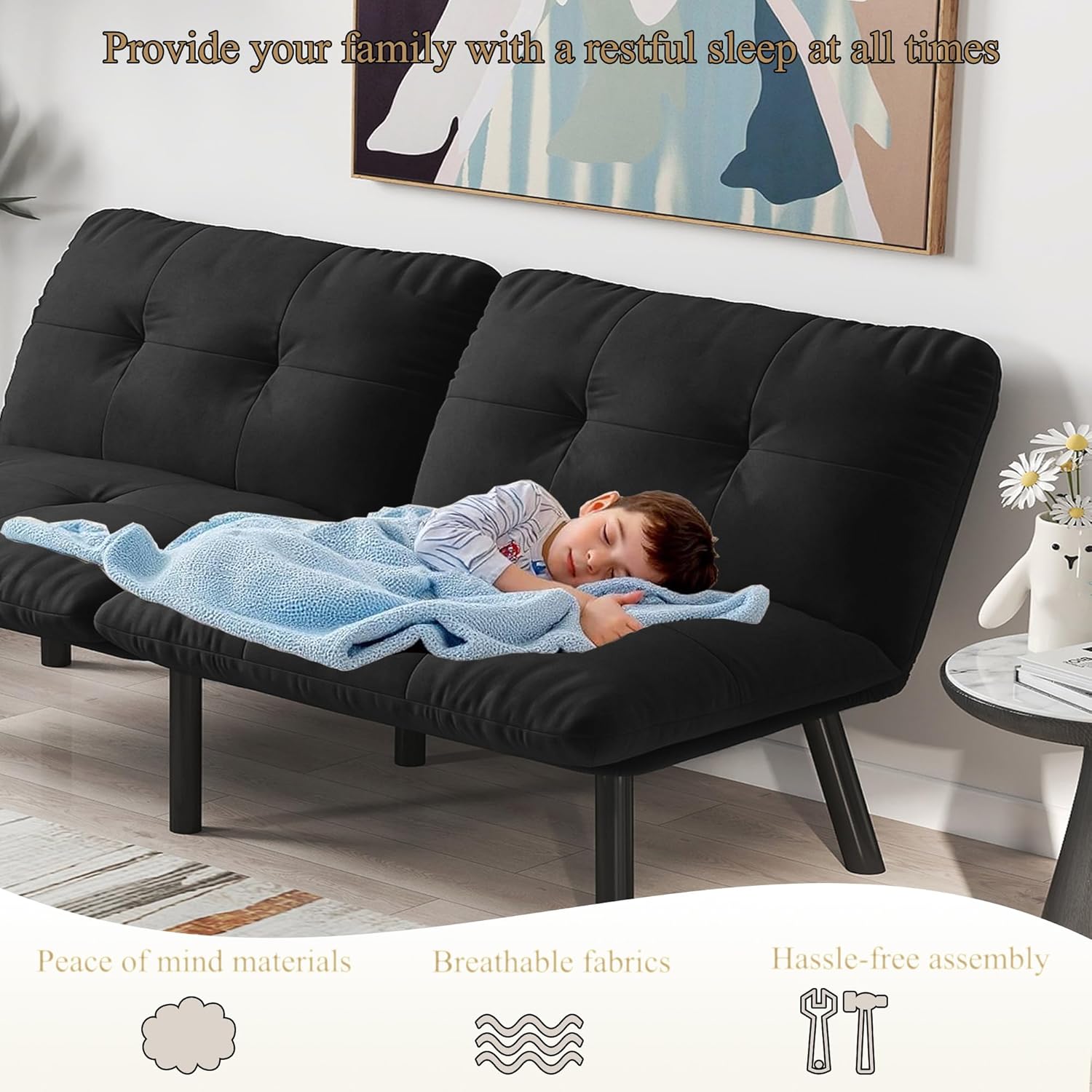 Modern Velvet Futon Sofa Bed,Convertible Folding Couch Bed Sleeper with 6 Chrome Legs,63" Comfy Cloud Couch Small Loveseat for Living Room Office (Black)