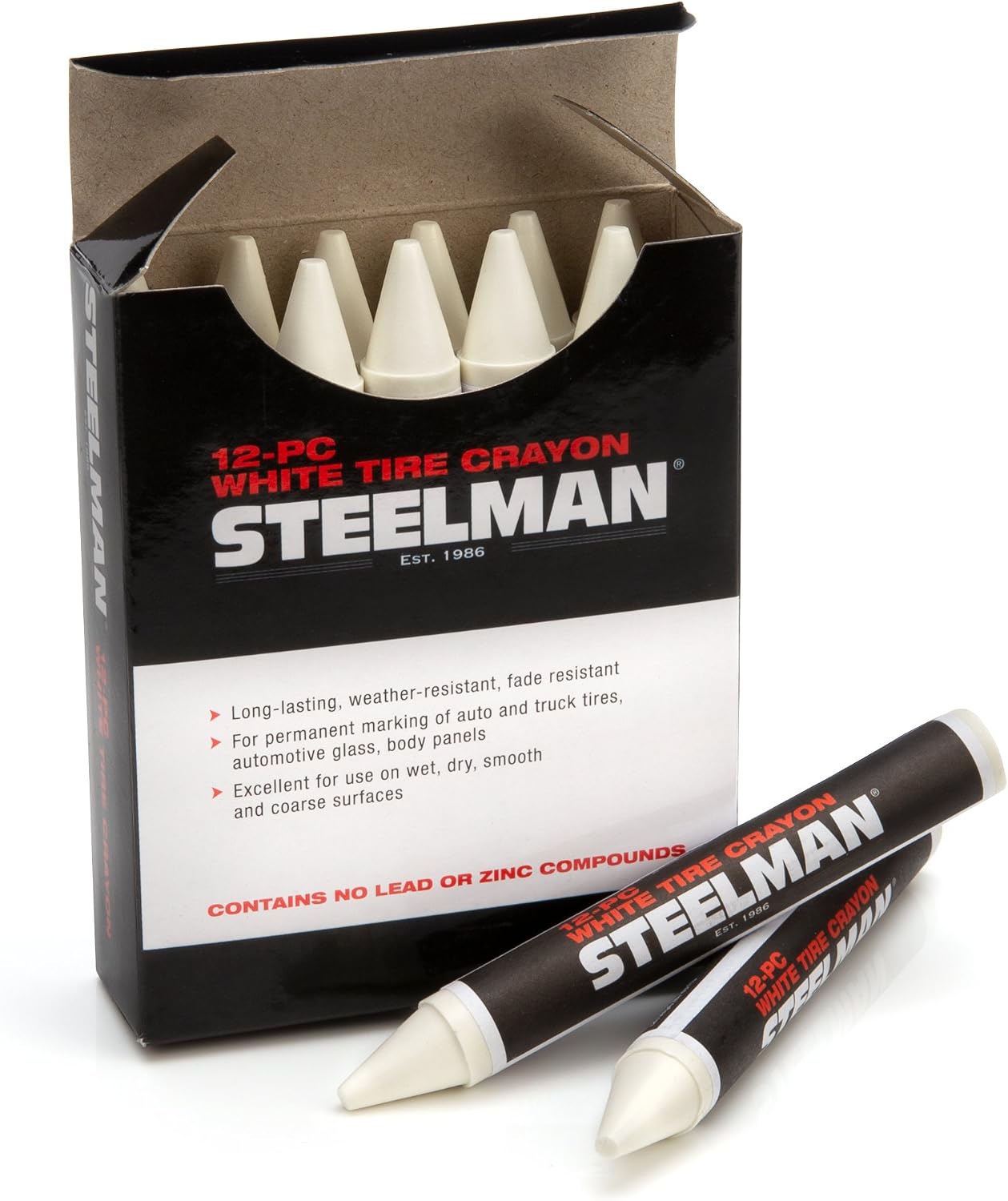 Steelman White Tire Marking Crayons for Mechanics, Marks Damage on Wet and Dry Tires, Box of 12