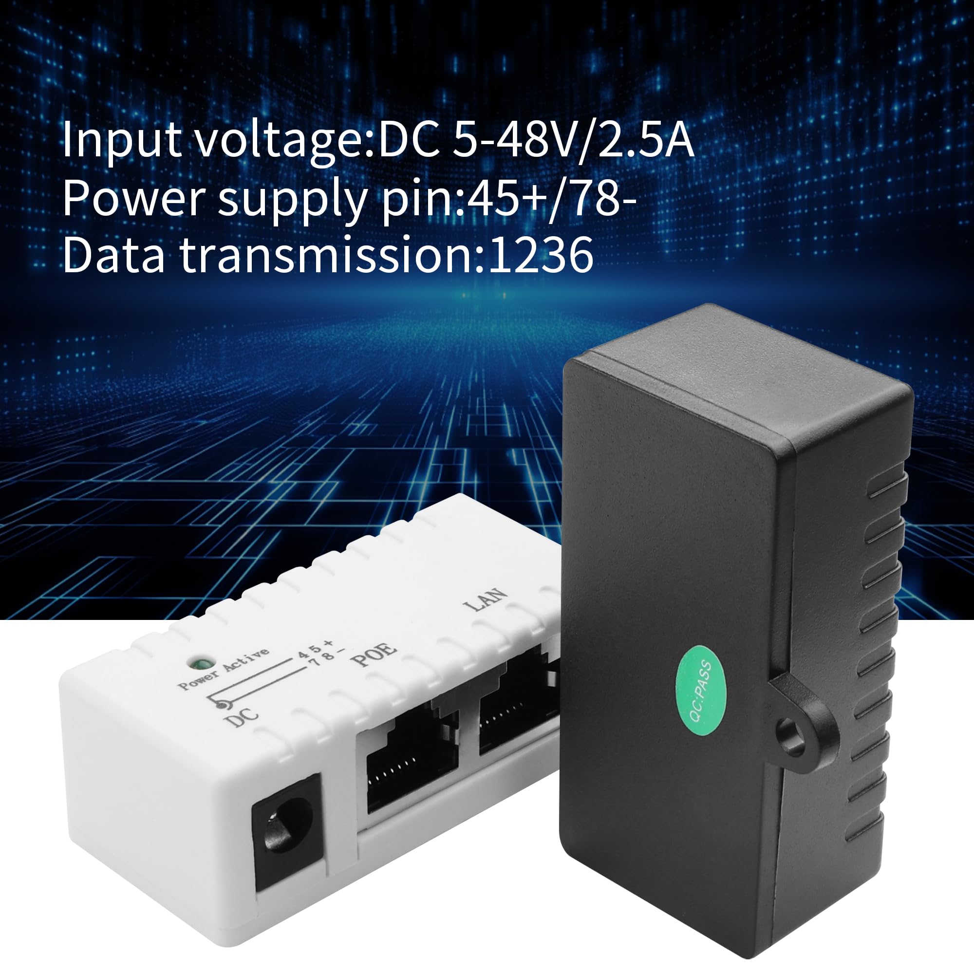 YACSEJAO 2 adattatori PoE passivi a porta singola, 5-48 V CC, 96 W, iniettore/splitter, Ethernet 10/100 Mbps, compatto per telecamere di sicurezza/sistemi solari