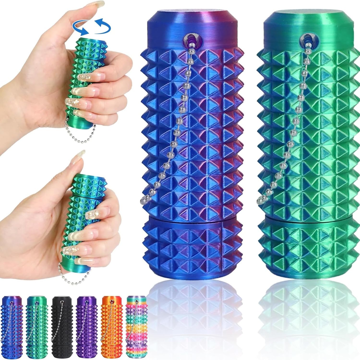 Little Ouchies Pain Fidget 2PCS, Rotatable Spiky Sensory Tool, 3D Printed Grippie Keychain for Adults Anxiety Relief, Focus & Skin Picking, Stress Gift for Teens (Green + Blue)