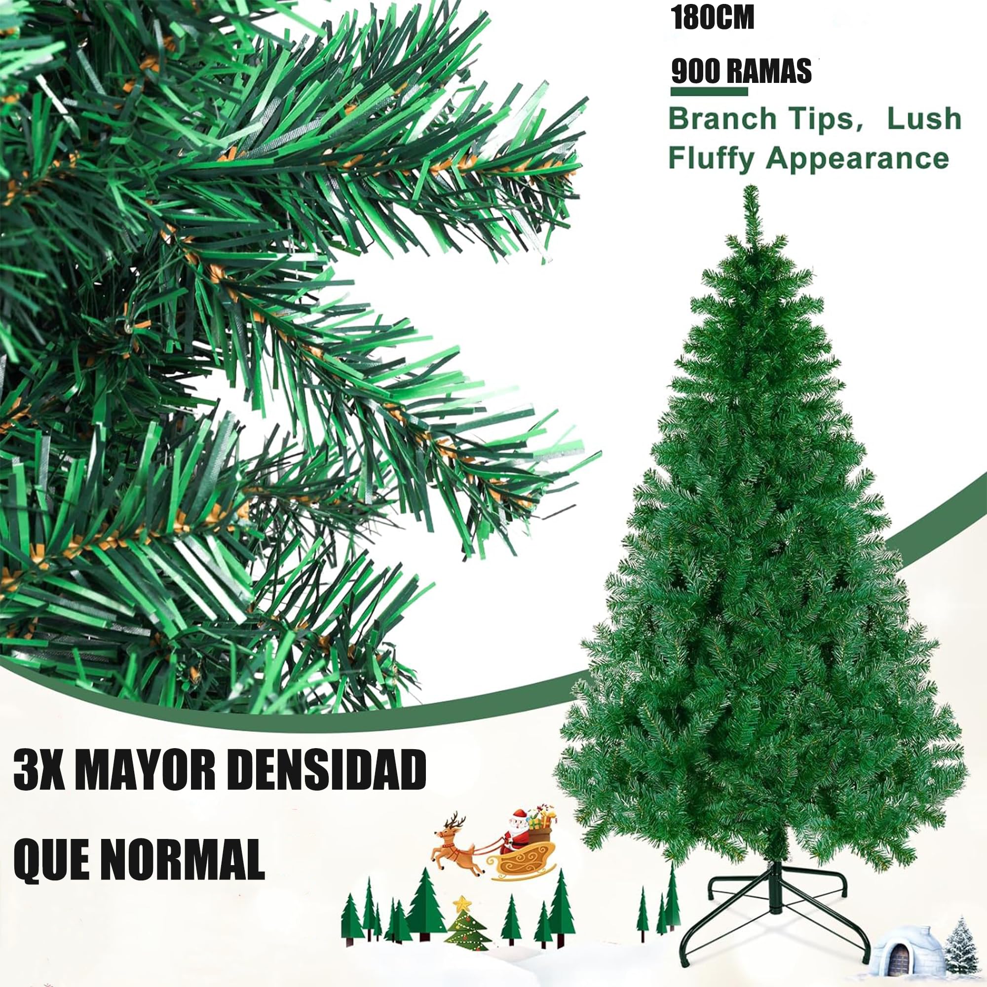 Arbol de Navidad Plegable Muy Frondoso Robusto Mayor Densidad y Ramas, Arbol Navidad Artificial Verde con Soporte Metal Facil Montaje para Decoracion Interior y Exterior (180cm-900Tits)