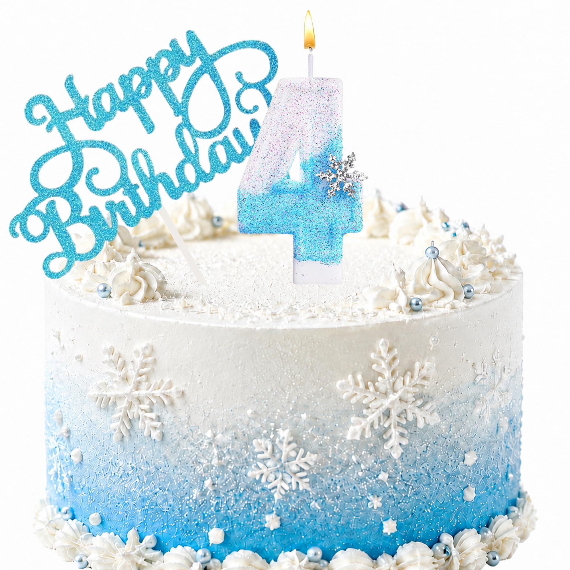 Snowflake Birthday Candles, Blue Glitter Snowflake Number Candle with Themed Birthday Decorations, 2PCS Cake Toppers for Girls Birthday Party (4 Candle,Snowflake)