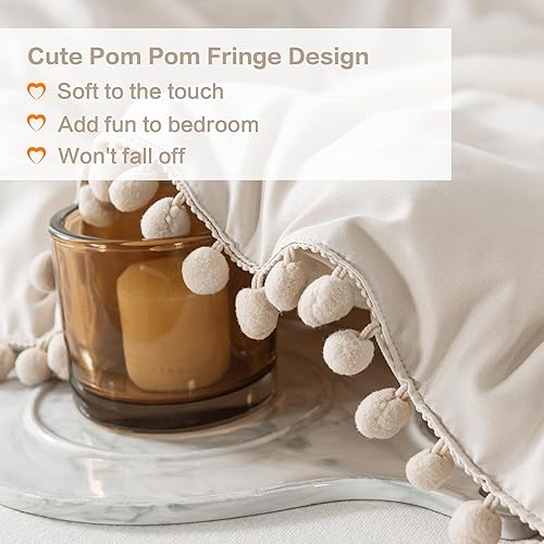 Miniatura 6 de Litanika Juego de edredón de tamaño matrimonial, 3 piezas, color beige, bohemio, con pompones, ligero, para todas las estaciones, suave y liso, para