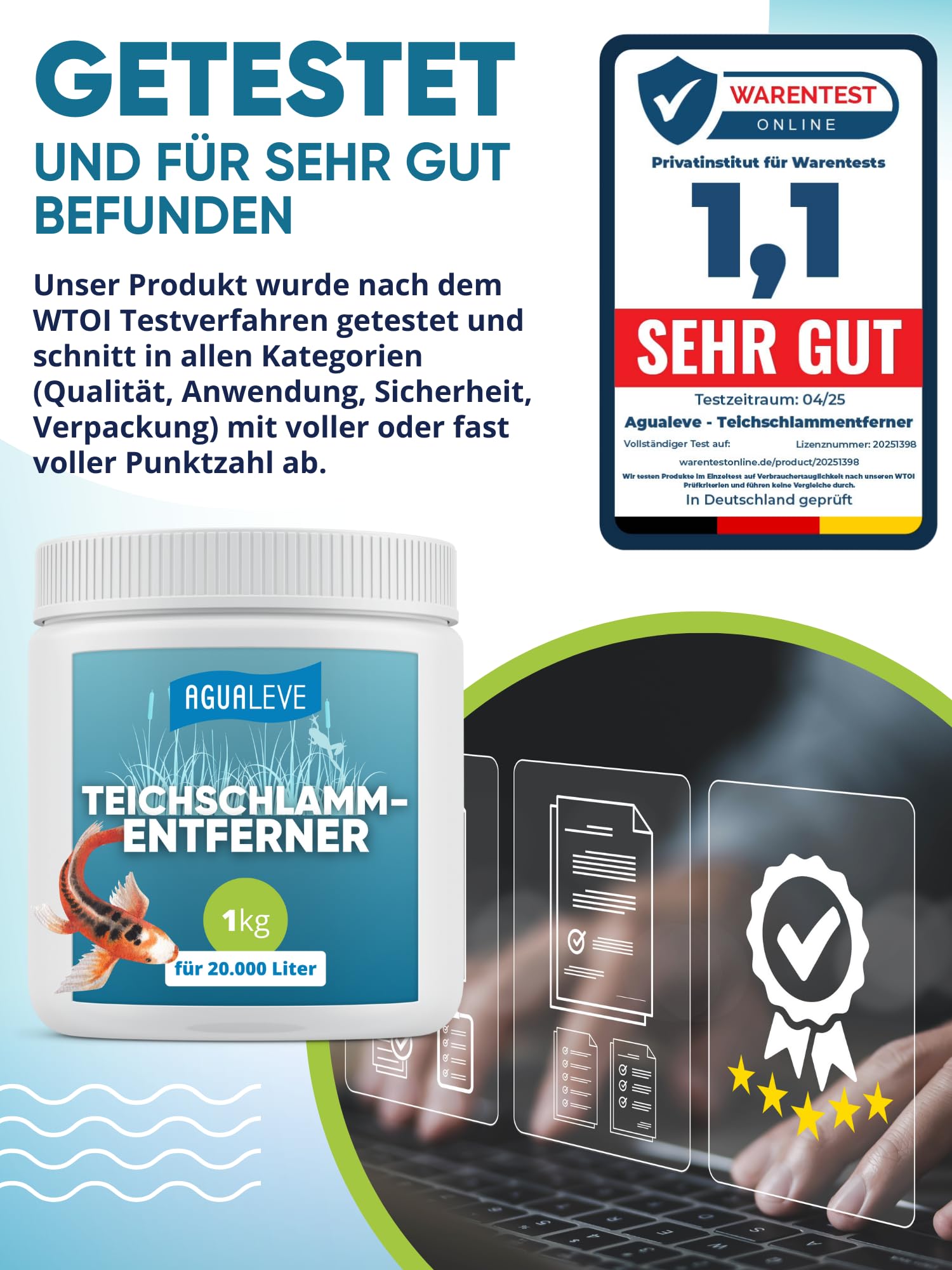AGUALEVE® Teichschlammentferner 1kg *NEU* | extrem effektiv gegen Teichschlamm Dank innovativer Sauerstoff-2.0-Formel | für Fisch-, Garten- & Schwimmteiche | Made in Germany | für 20.000l Teichwasser
