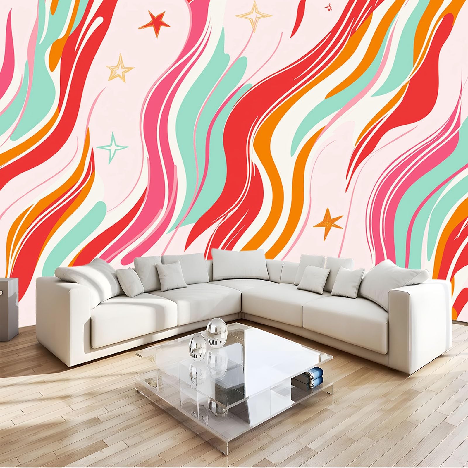 Photo Wallpaper 350 x 256 cm Funky Retro Waves Non-Woven Premium Art Print Fleece Wall Mural Decoration Poster 70S Pop Art Photo Mural for Child Bedroom TV Background Wall Decor