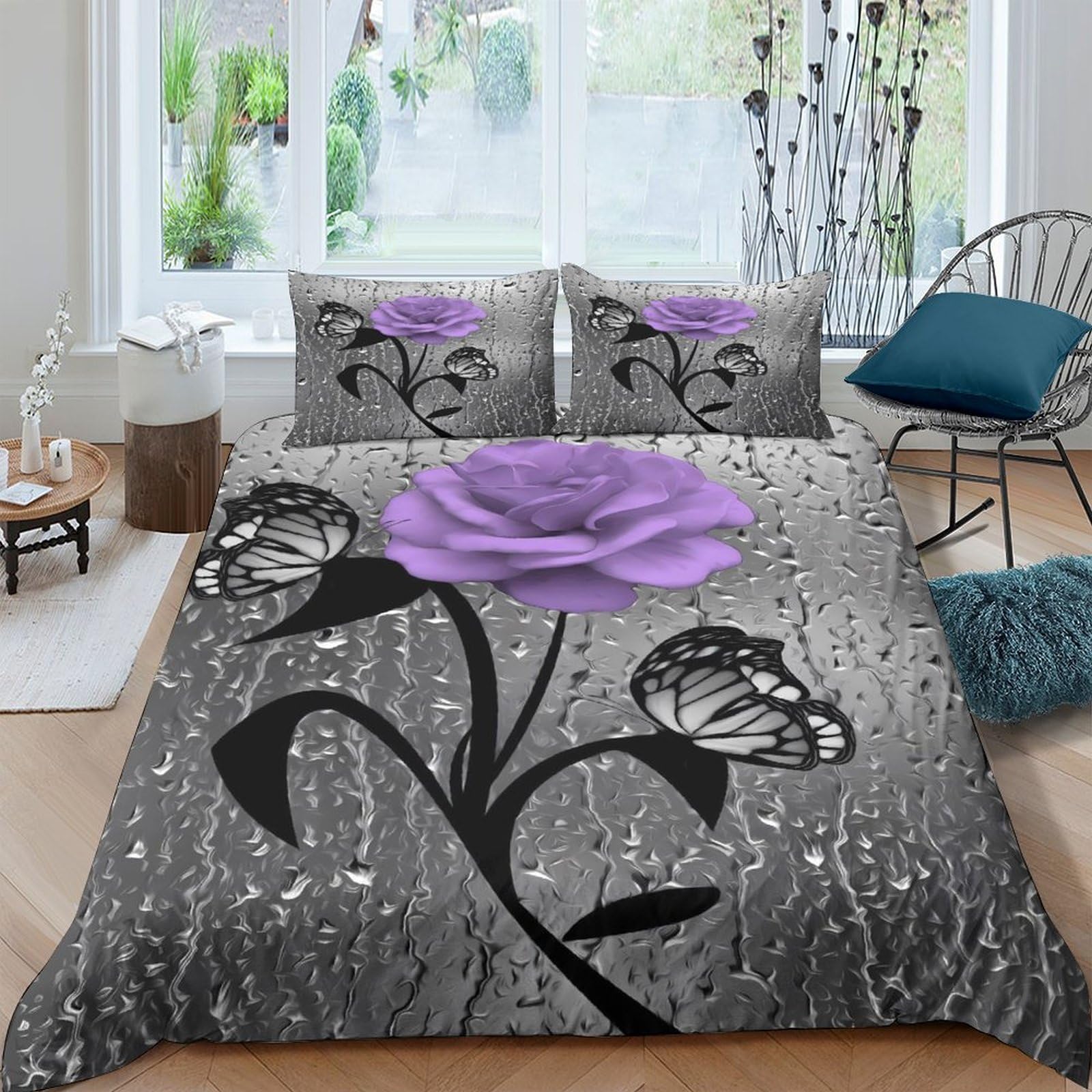Linge de lit rose pourpre luxueux au design floral artistique 3D avec housse et taie d'oreiller