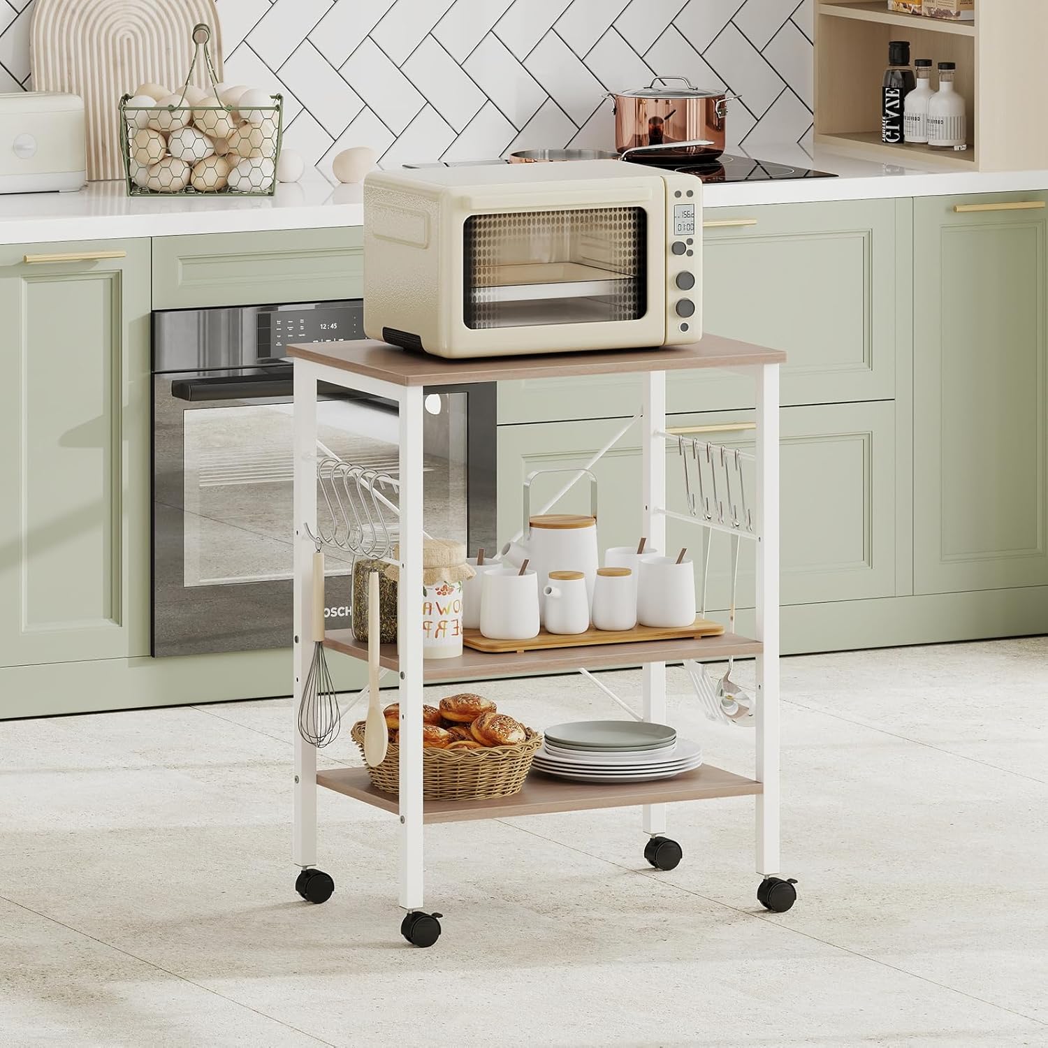 GOFLAME Baker's Rack on Wheels, Kitchen Mobile Serving Cart, 3-Tier Microwave Stand w/Adjustable Shelves & 10 Removable Hooks, Coffee Bar Rolling Storage Trolley (Beige)