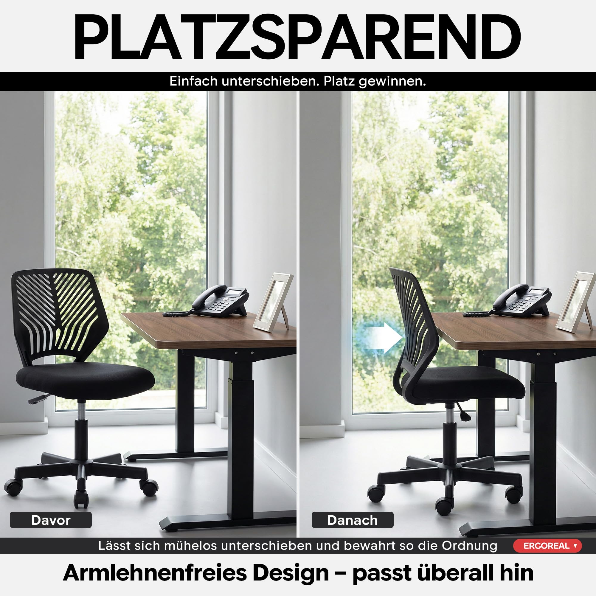 Ergonomischer Bürostuhl ohne Armlehne, Bürostuhl mit Rollen & Höhenverstellung, Bürostuhl Cozy mit Ergonomischer Rückenlehne,Homeoffice/Arbeitszimmer/Studienzimmer (Tiefe Schwarz)