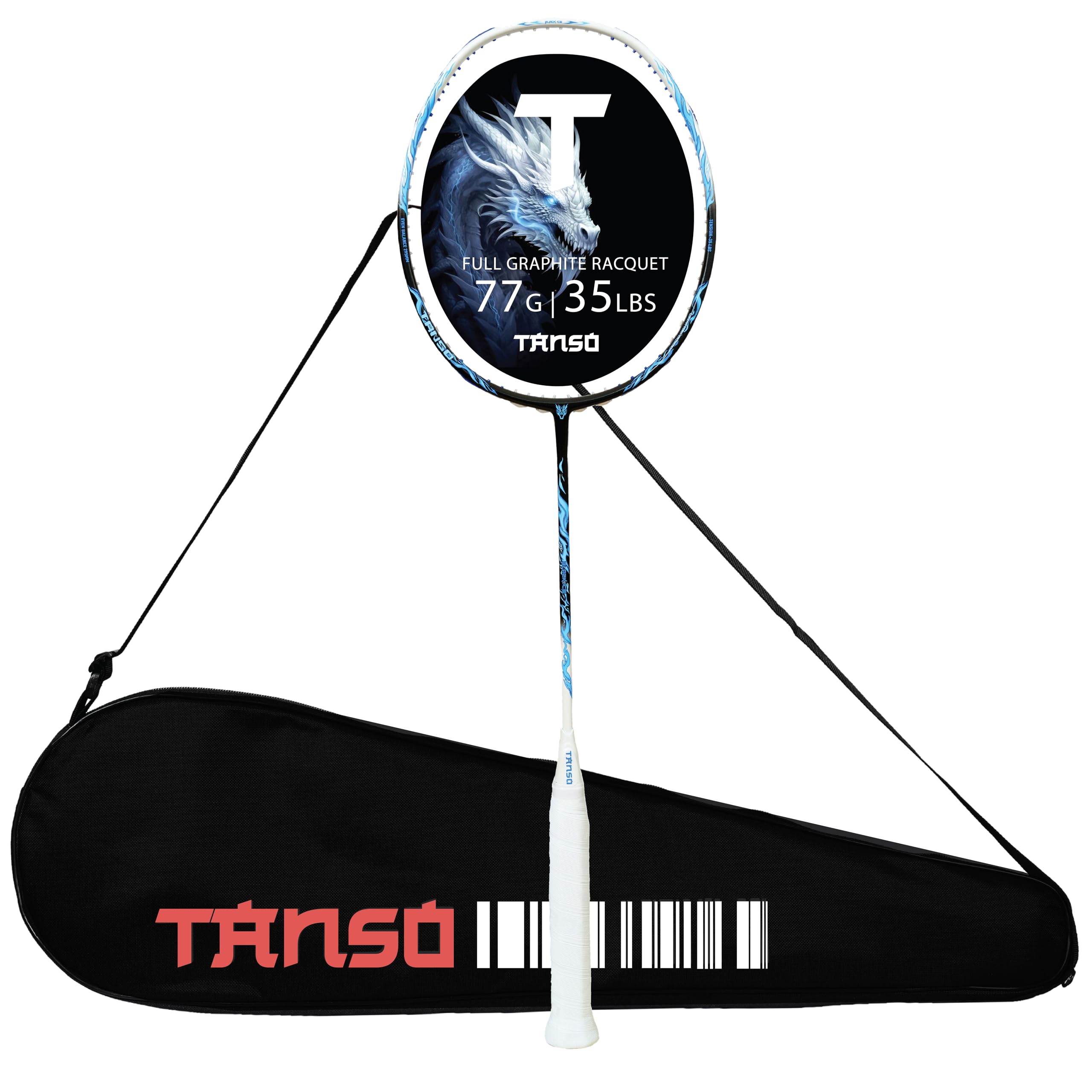 TANSO Black Ice Full Graphite Ultra Light Weight Carbon Fibre Strung Badminton Racket (35 Lbs Tension, 6.5mm ultra slim shaft, 77 Grams, Strung with premium strings and full racquet cover) (Defensive)