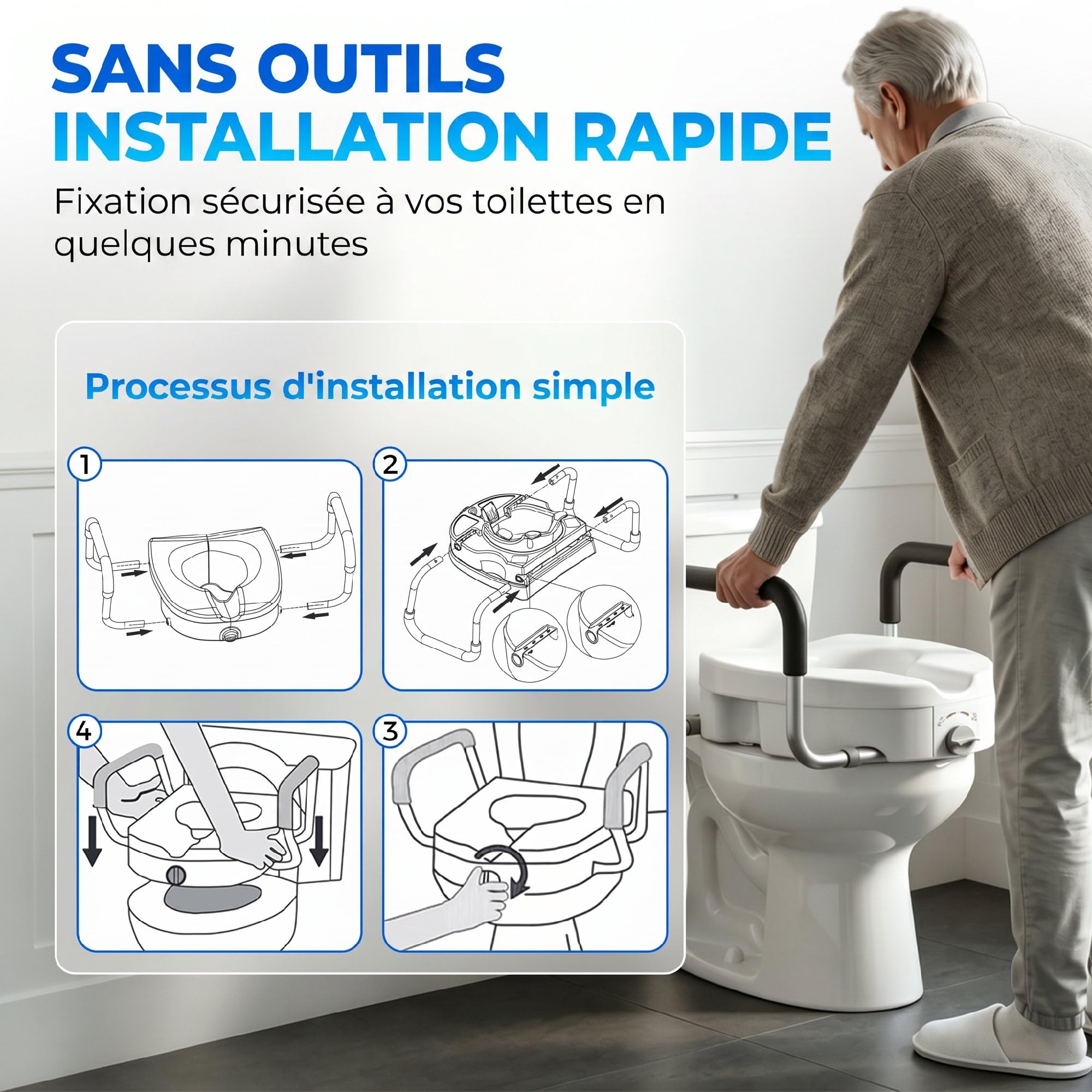 HOMCOM Rialzo sedile WC con maniglie, larghezza regolabile, braccioli imbottiti, installazione senza attrezzi, facile da montare, per anziani e convalescenti, bianco