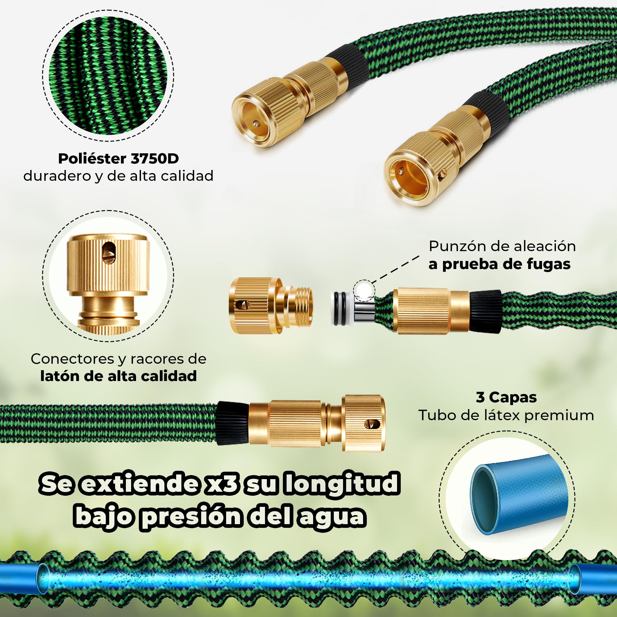 HOMEPROTEK - Manguera Extensible 30 metros - Manguera Jardin con Pistola Riego de 9 Funciones - Manguera Jardin Enrollable para Riego de Jardin con Conectores de Latón de 1/2" y 3/4" Garden Hose
