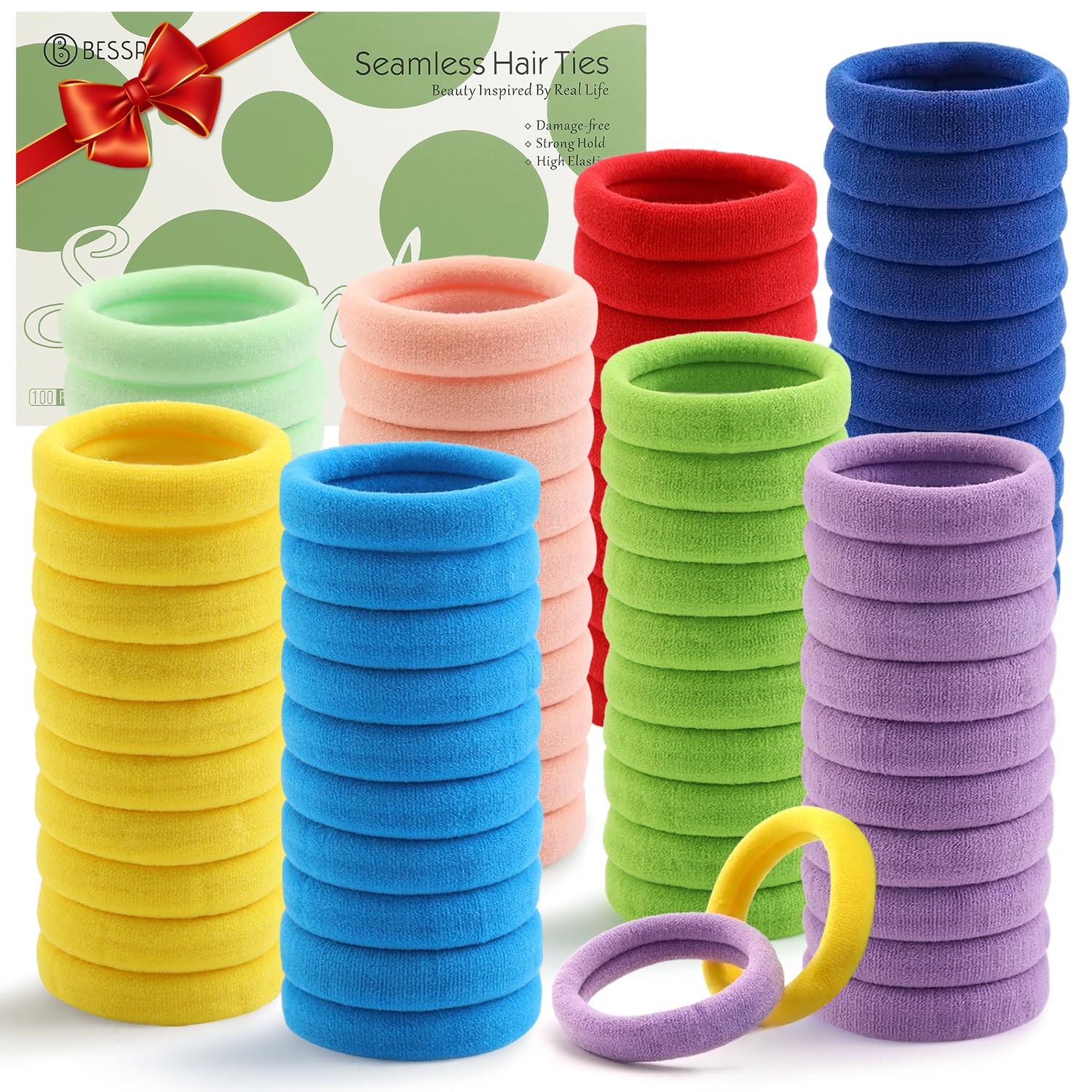 Bessrung 100 Pcs Thick Seamless Hair Ties, Ponytail Holders Hair Accessories for Women Girls No Damage for Thick Hair(Rainbow Colors)