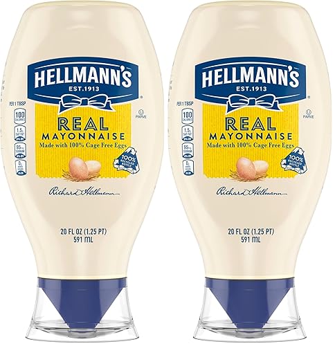 Hellmann's Real Mayonesa para un rico condimento cremoso Real Mayo Squeeze Botella sin gluten, hecha con huevos 100% sin jaulas, 20 onzas (paquete