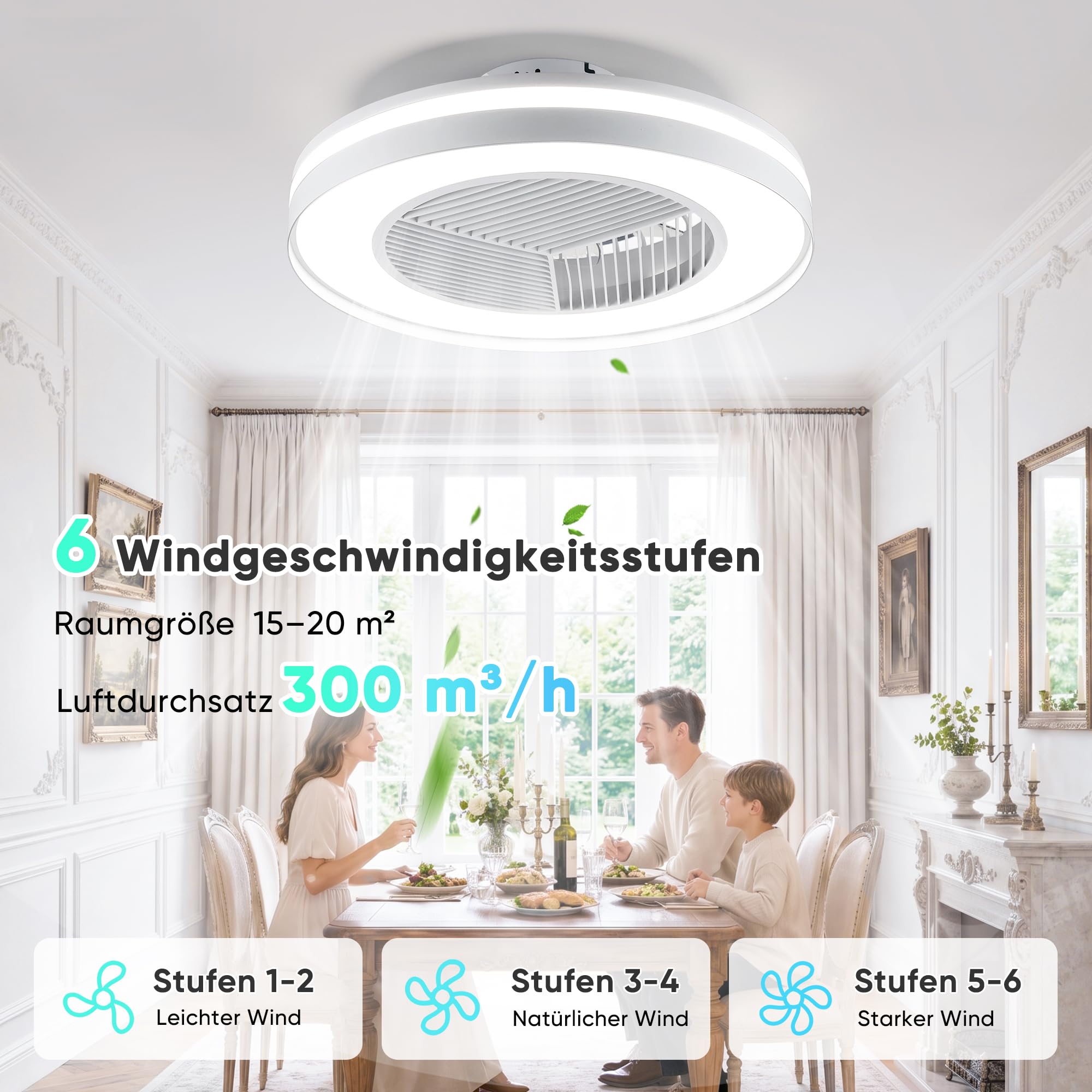 DOMANKI Deckenventilator mit Beleuchtung 50 cm RGB, Leiser DC-Motor Dimmbar, Sommer-/Wintermodus, Fernbedienung, Weiß