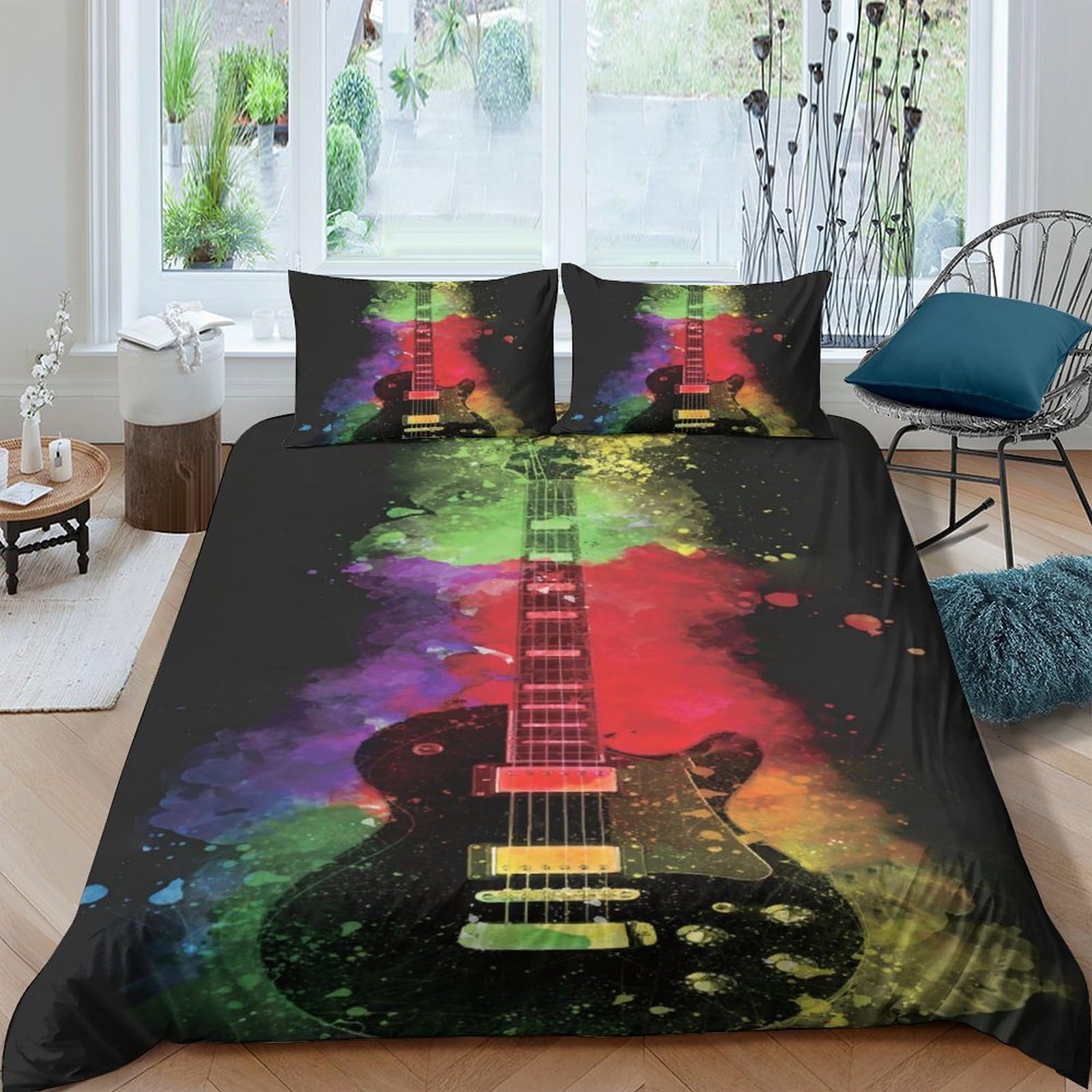 GPLZQXKJNH 3D Printed Electric Guitar Duvet Cover Microfiber Colourful Music Bedding Set with 2 Pillowcases for Bedroom Decor Single（135x200cm）