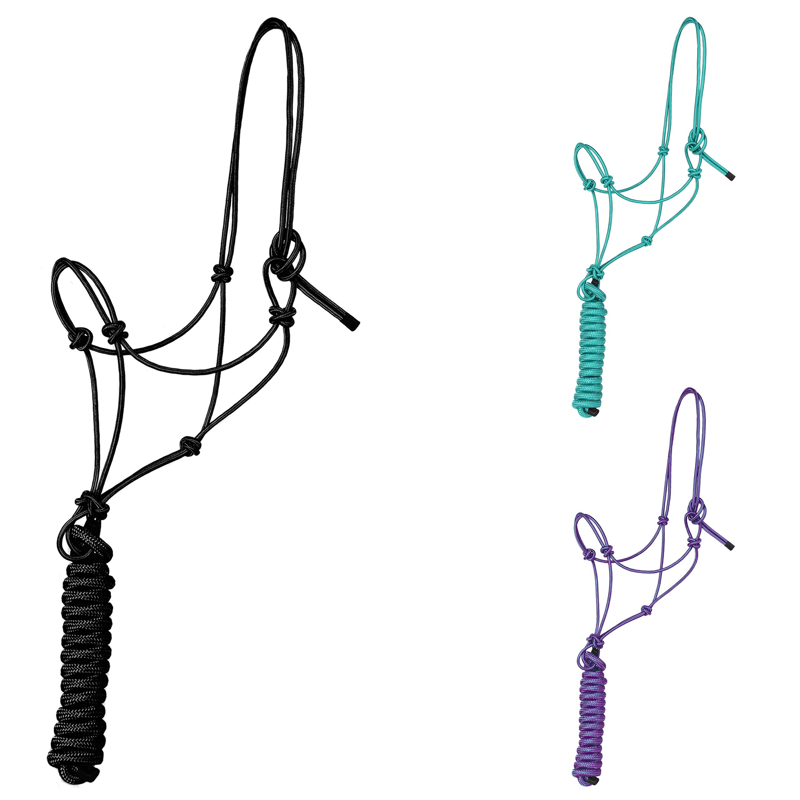 Majestic Ally 1/4" Rope 4 Knot Stiff Polyester Training Halter with 10’ Matching Lead Rope for Horses – Full (Black, Full)