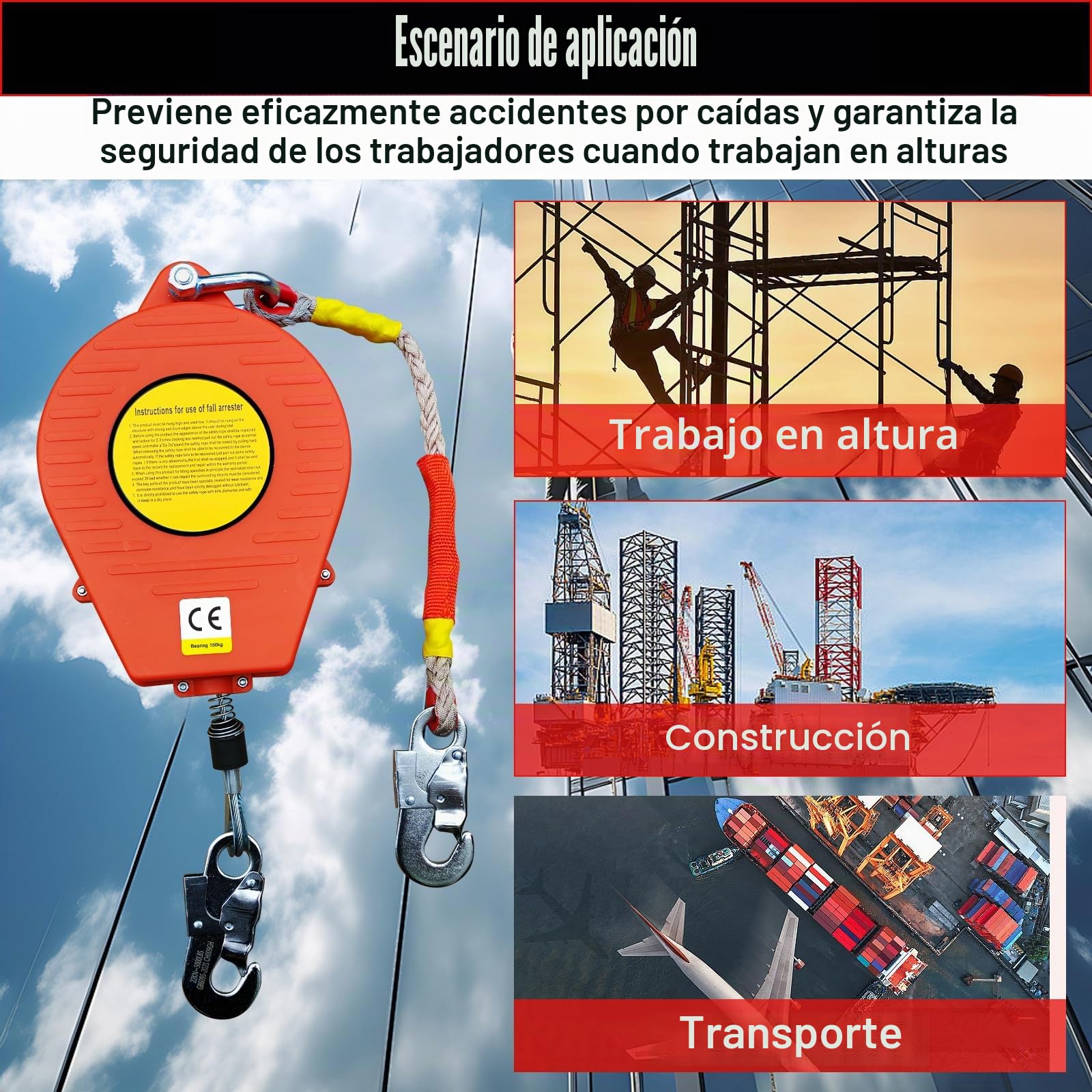 Dispositivo Anticaida Retractil 10M, Arnes de Seguridad Trabajo en Altura, Protección Contra Caídas de Techo con Función de Bloqueo Automático, Carga Máxima: 200kg