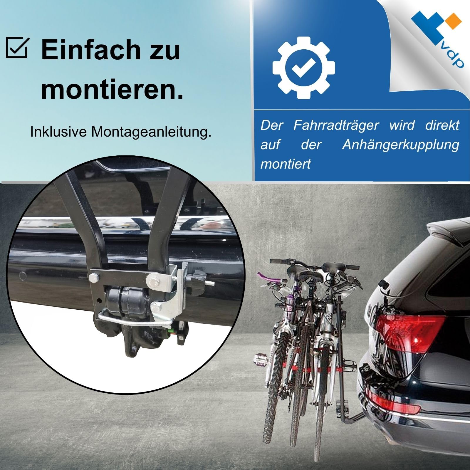 VDP Porte-vélo pour attelage de remorquage - Support pour 3 vélos - Porte-vélo auto compact pliable - Support embrayage voiture - Porte-vélo embrayage noir - Facile à utiliser