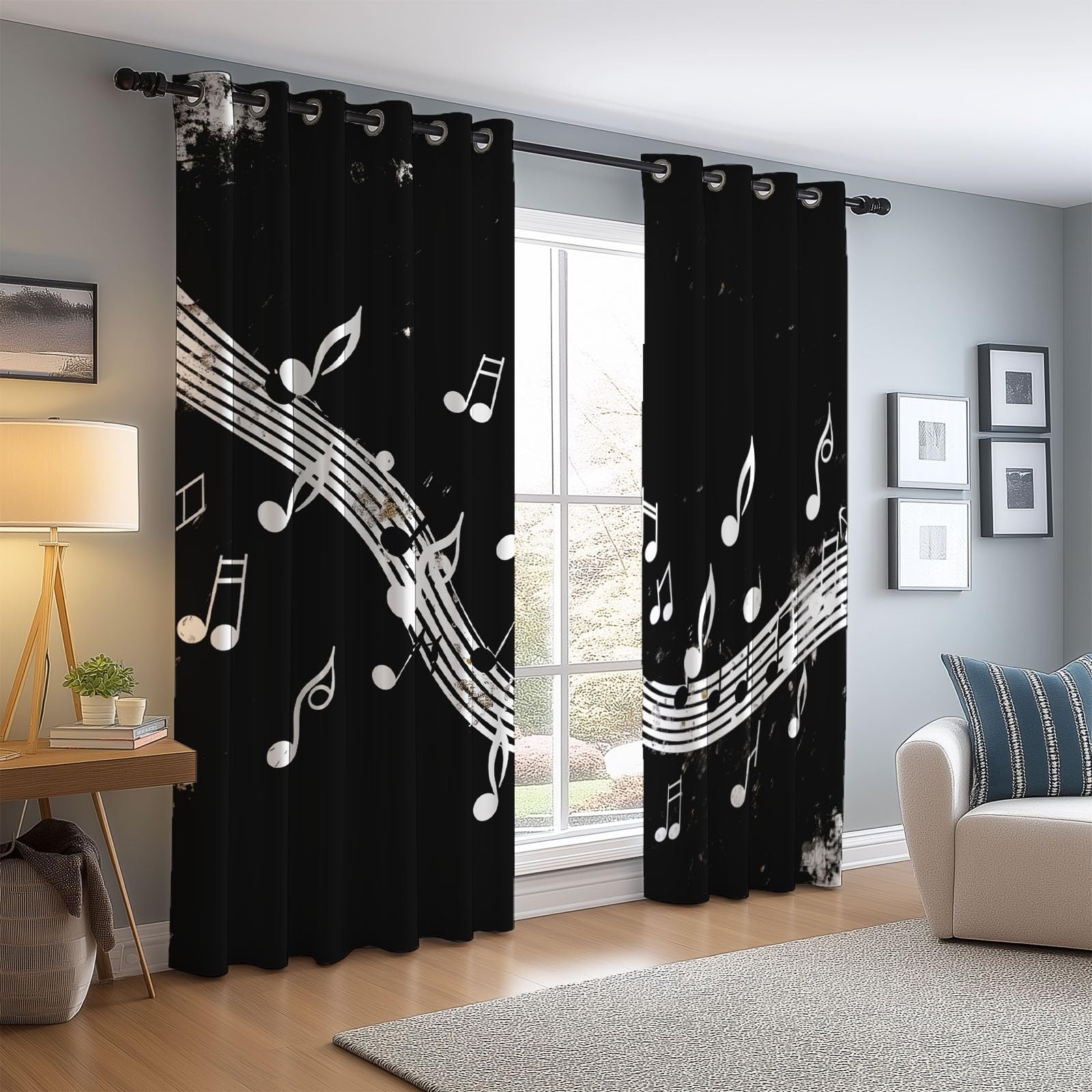Rideaux Longs 140L X 260H cm (2 Panneaux), Notes De Musique Simples Imprimé, Tissu Occultant Épais pour Grand Salon et Loft, Noir