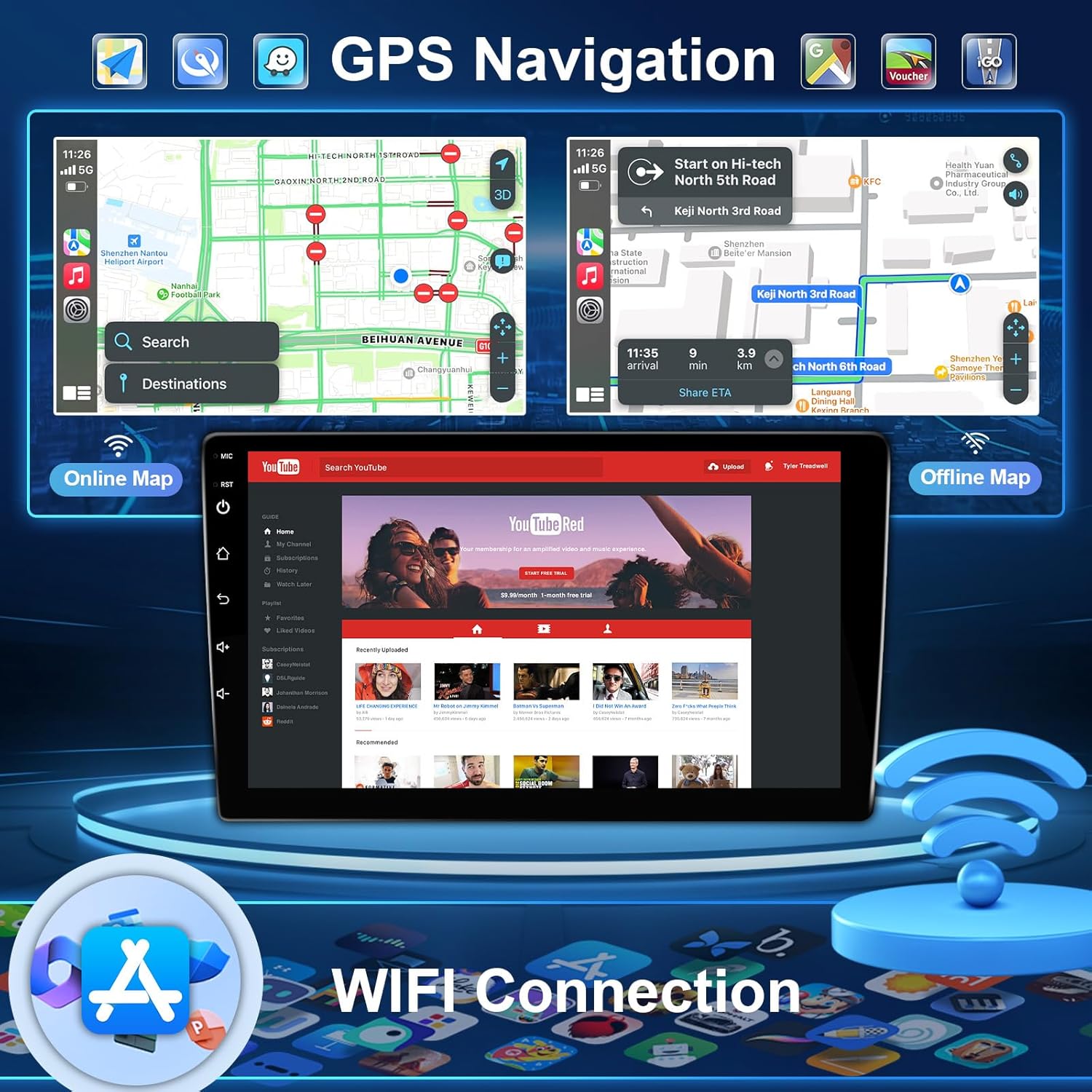 Screenshot of the car stereo display showing GPS navigation maps and a YouTube interface, with icons for GPS and WiFi connectivity.