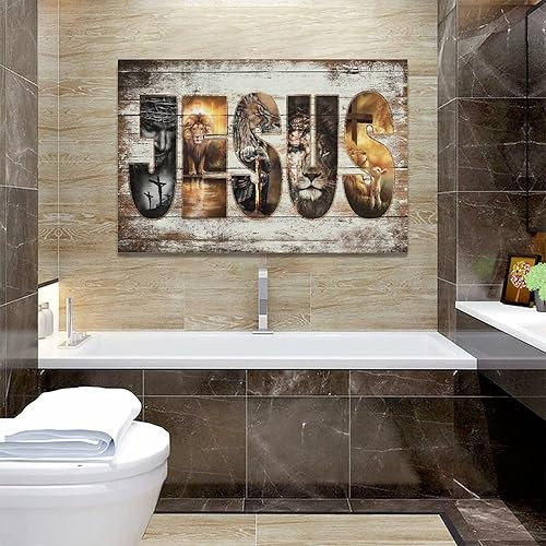Vista 35 de Póster en lienzo con imágenes de Jesús, león y cordero, impresión en lienzo con texto en inglés "God Bible Christian Religios" para pared, pintura