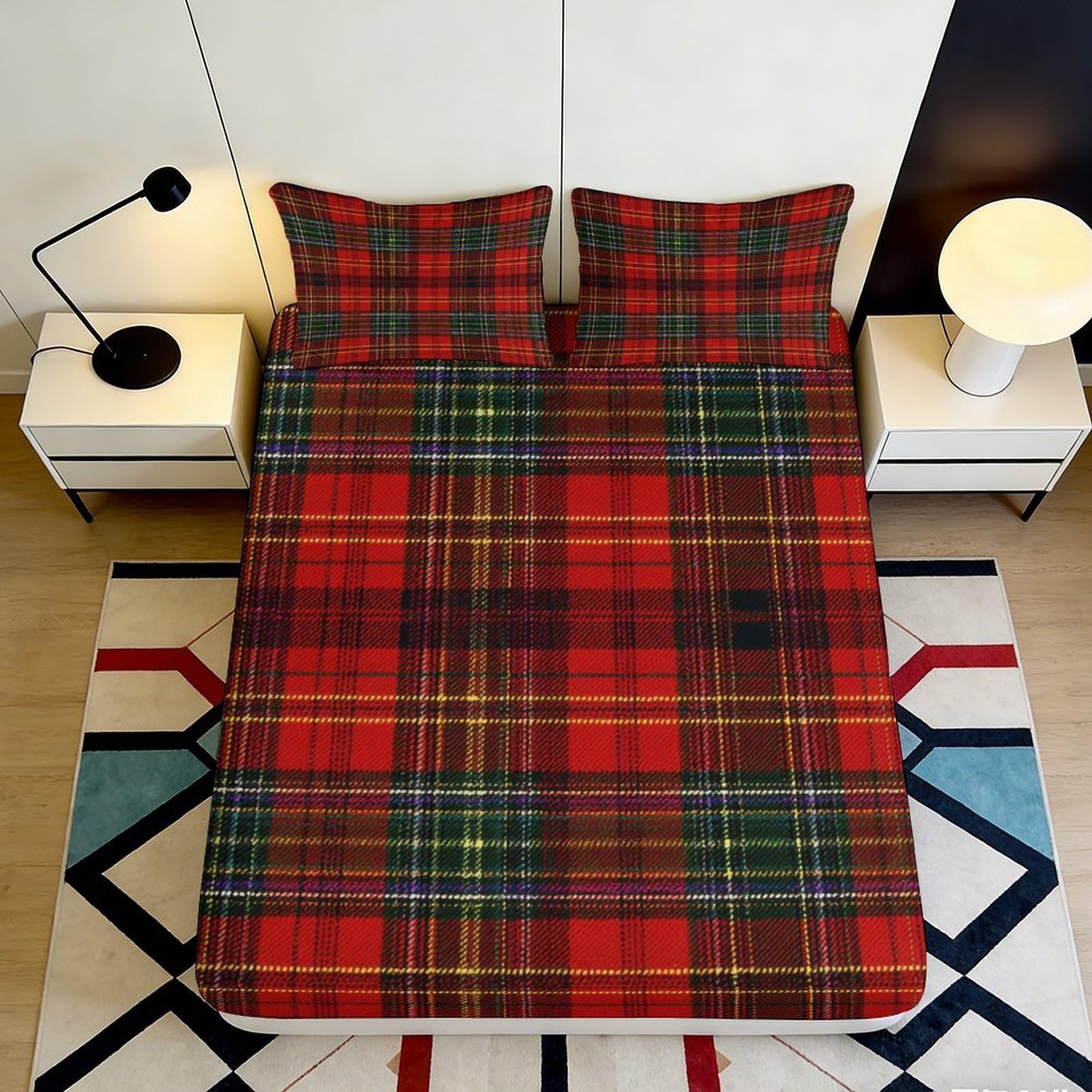3D Printed Red Tartan Plaid Fitted Sheet Microfiber Soft Breathable Scottish Check Mattress Cover for Bedroom Guest Room Decor, Easy Care, Anti-Slip 120x200x25cm