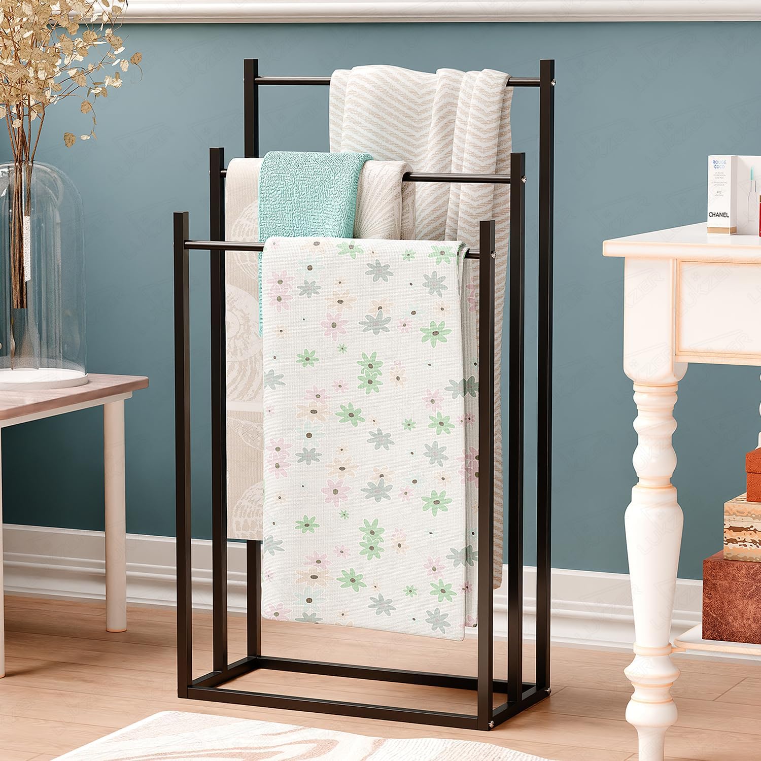 Lukzer Premium Metal Towel Rack | 3-Bar Sturdy Free-Standing Garment Organizer Stand | Multi-Functional & Versatile for Towels, Clothes, and Accessories (MGS-007/Black/45x22x85 cm)