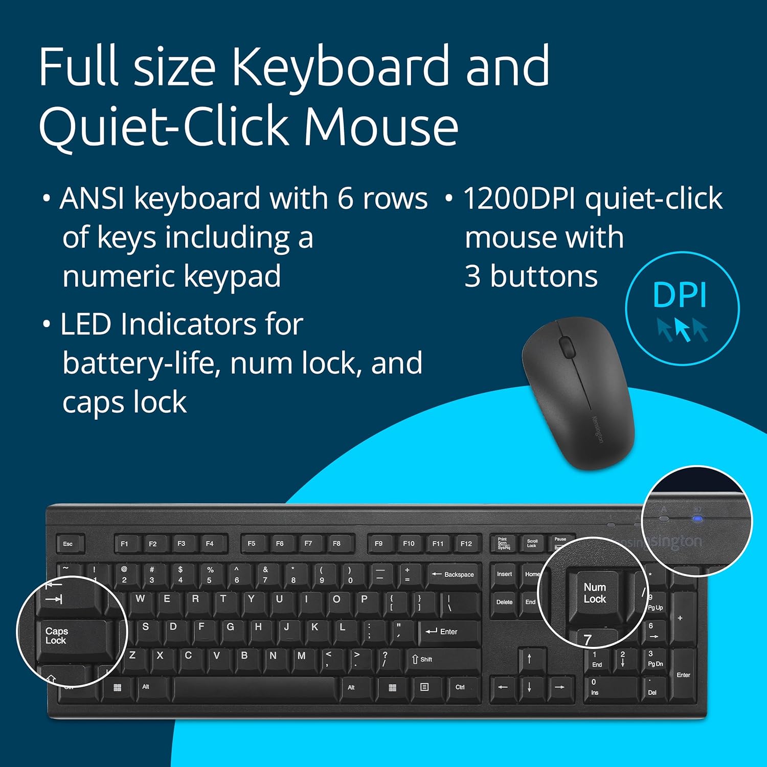 Kensington KB150 EQ Wireless Keyboard, Full Size, 2.4GHz Wireless Connection, Spill-Proof, 104-key, Black (K75561NA)