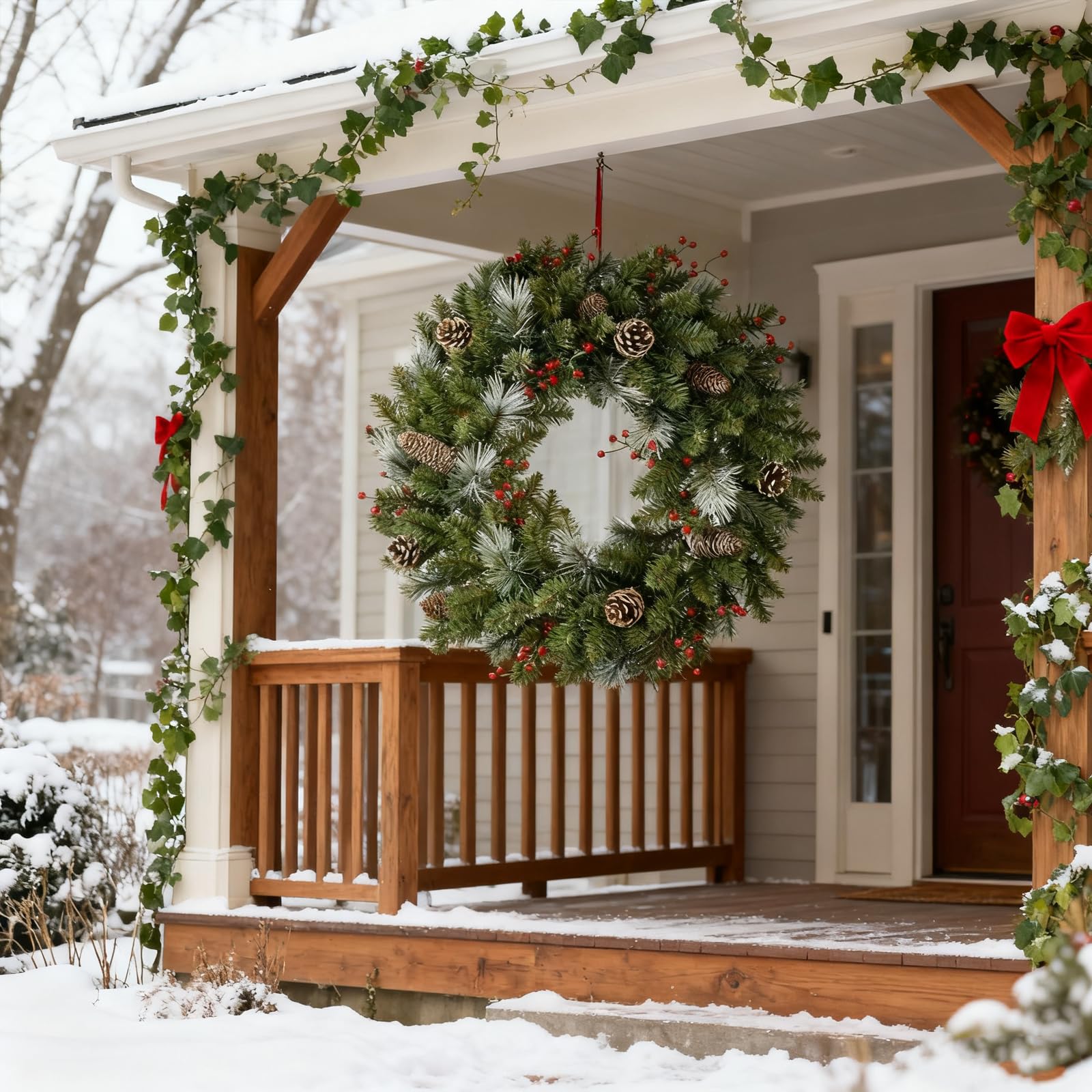 Corona de Navidad artificial de 40 cm con bayas rojas y piñas, corona decorativa de invierno para Navidad, puerta delantera, chimenea, pared, decoración del hogar