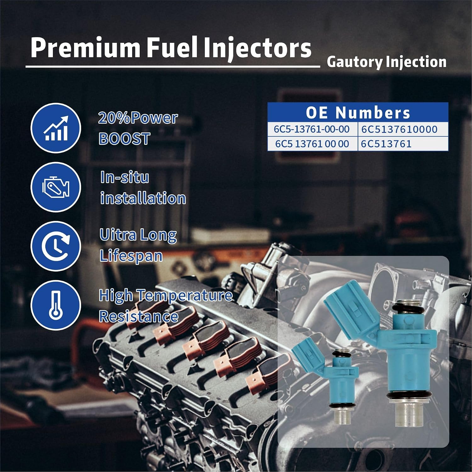 Fuel Injectors Compatible with Yamaha 50HP 60HP 2 Stroke, 40HP 50HP 60HP 4 Stroke Replaces 6C5-13761-00-00 Set of 4