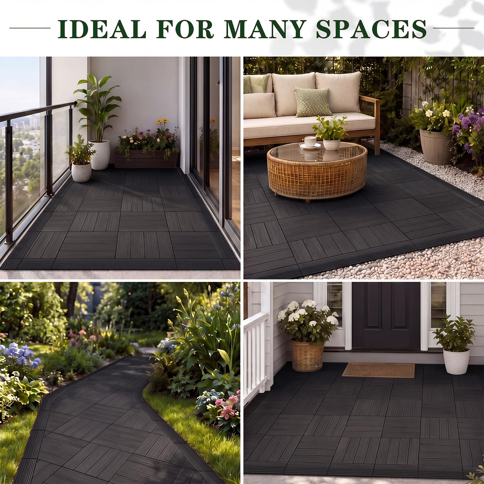 Ripeng Juego de 12 azulejos de madera negra, 8 piezas de borde recto, 4 bordes de esquina, compatibles con azulejos entrelazados de 12 pulgadas, borde de teca, fácil de instalar para pisos, azulejos