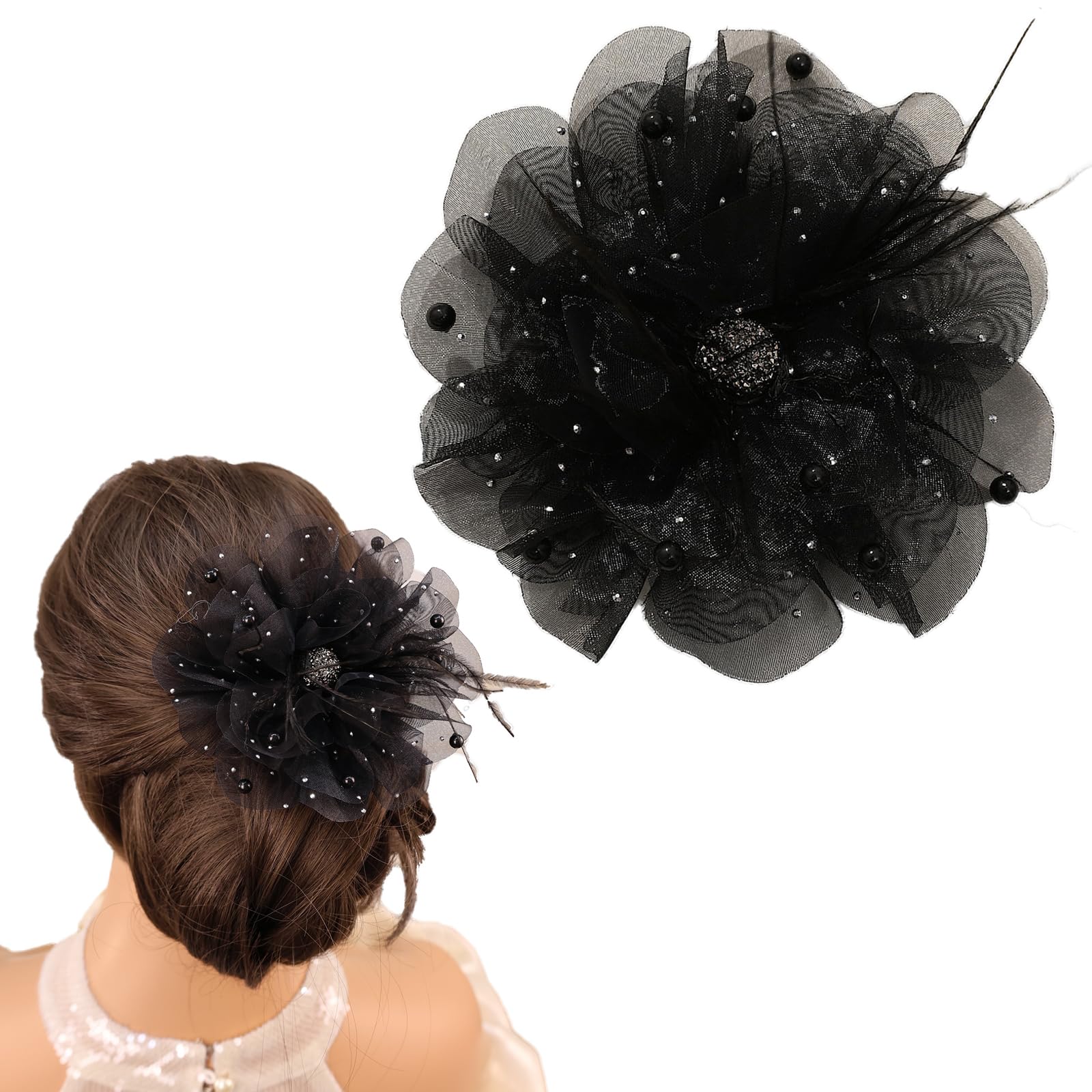 Fermaglio per capelli vintage con fiore e piuma, con perle, grande cristallo floreale, fatto a mano, accessori per capelli da sposa per donne (nero, piuma, perla, cristallo)