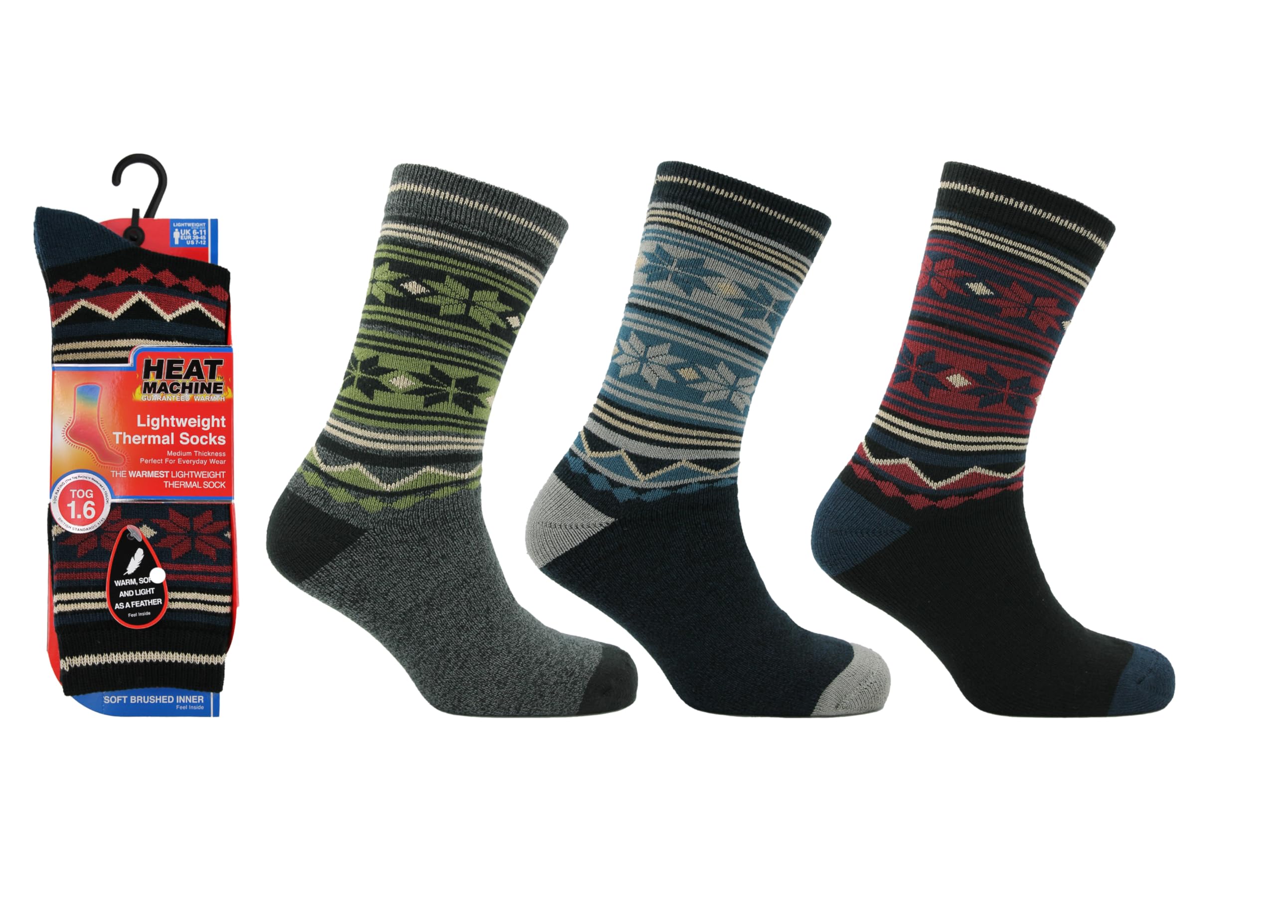 Heat Machine Men's Fairisle Thermal Lite | 3 Pairs | 1.6 Tog Lightweight Winter Socks | Warm Everyday Thermal Boot Lounge Dress Socks (Uk, Numeric, 6, 11, Regular, Regular, )