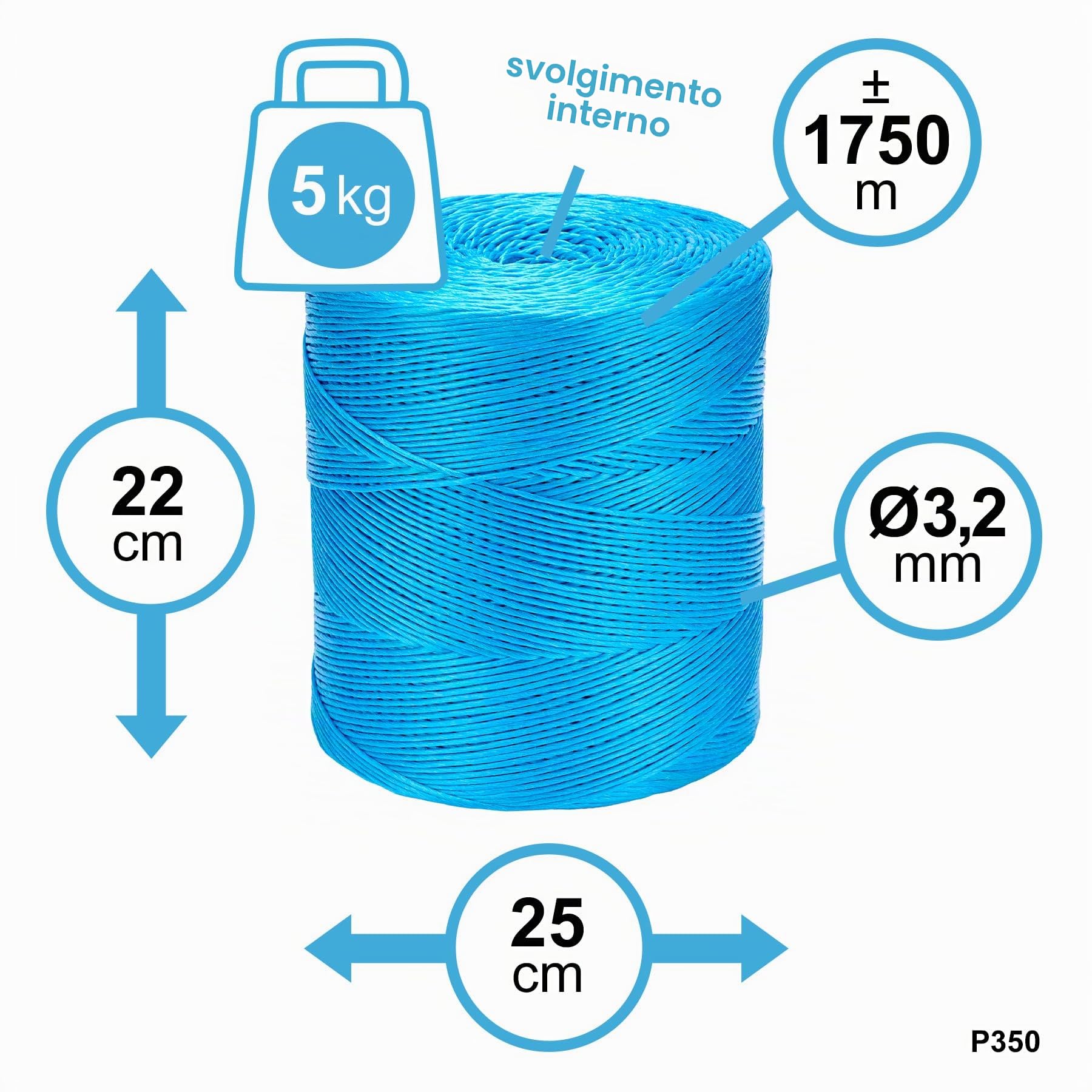 Spago agricolo in Polipropilene, diametro 3,2 mm, apertura interna, lunghezza 1600 m, tinta blu, Flandria P350