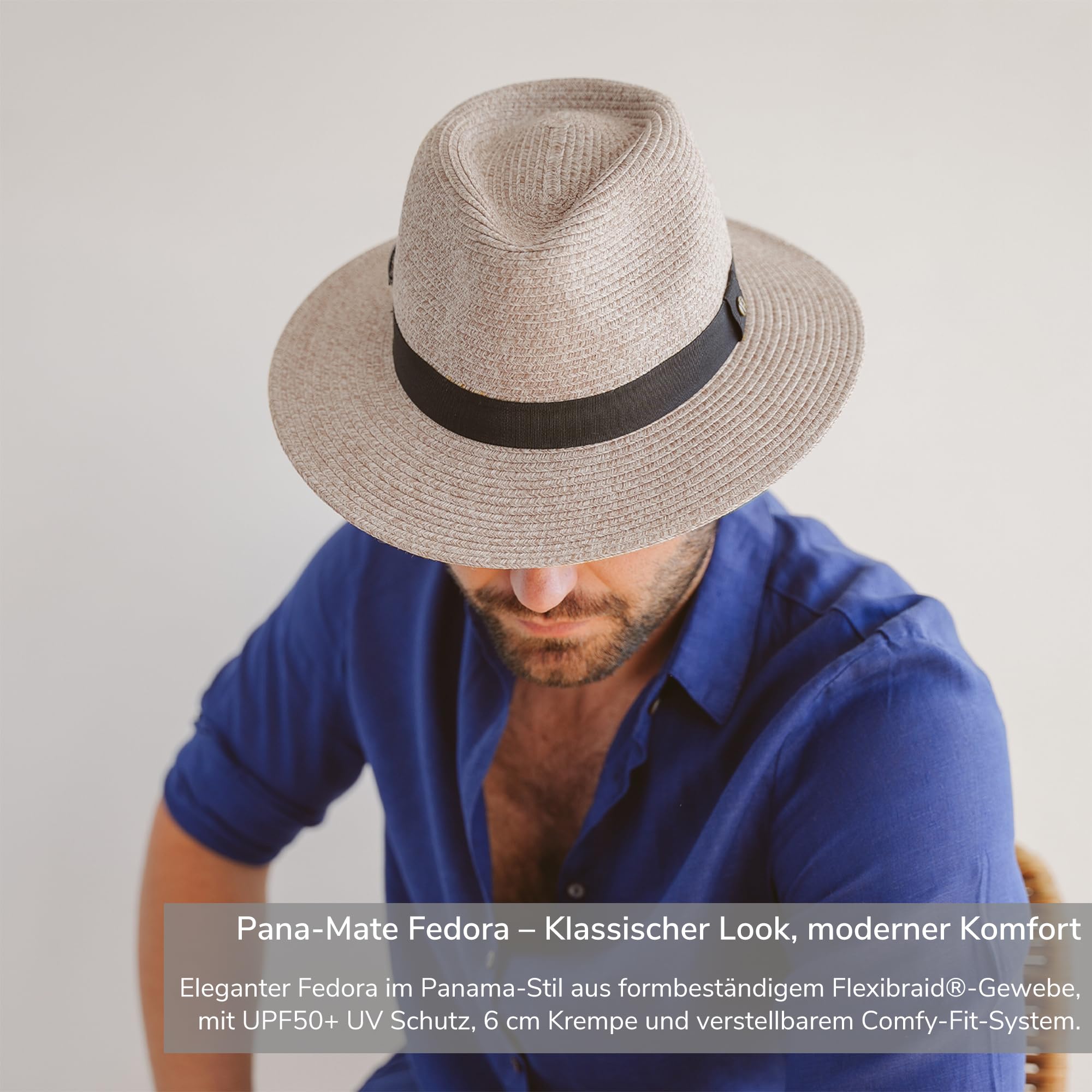 Pana-Mate Fedora - Reisefreundlicher Sonnenhut für Damen und Herren in Natur - Faltbarer Strohhut im Panama Hut Stil - UV-Schutz 50+