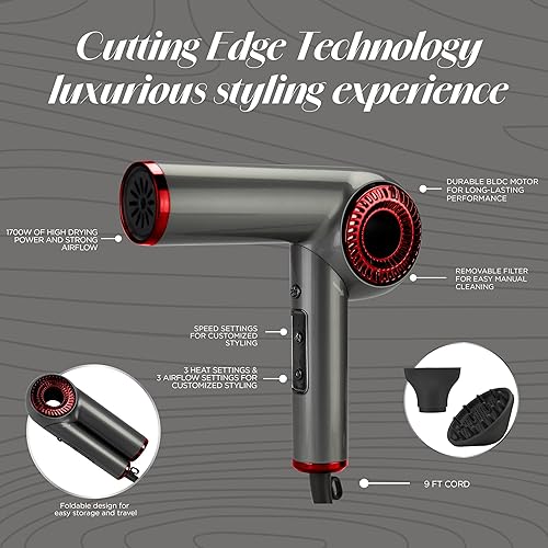 Miniatura 2 de CHI Secador de pelo con motor sin escobillas de lava, diseño plegable, secado más rápido, silencioso, reduce el encrespamiento y mejora el brillo,