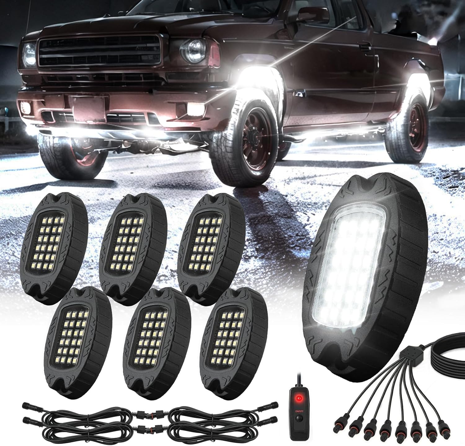 6 Pods Metal LED White Rock Lights for ATV SUV UTV RZR Car Trailer Truck Offroad, Alloy 6000K 24 LEDs Pure White Neon Underglow Light with Switch Extension Harness Under Trail Rig Fender Lighting