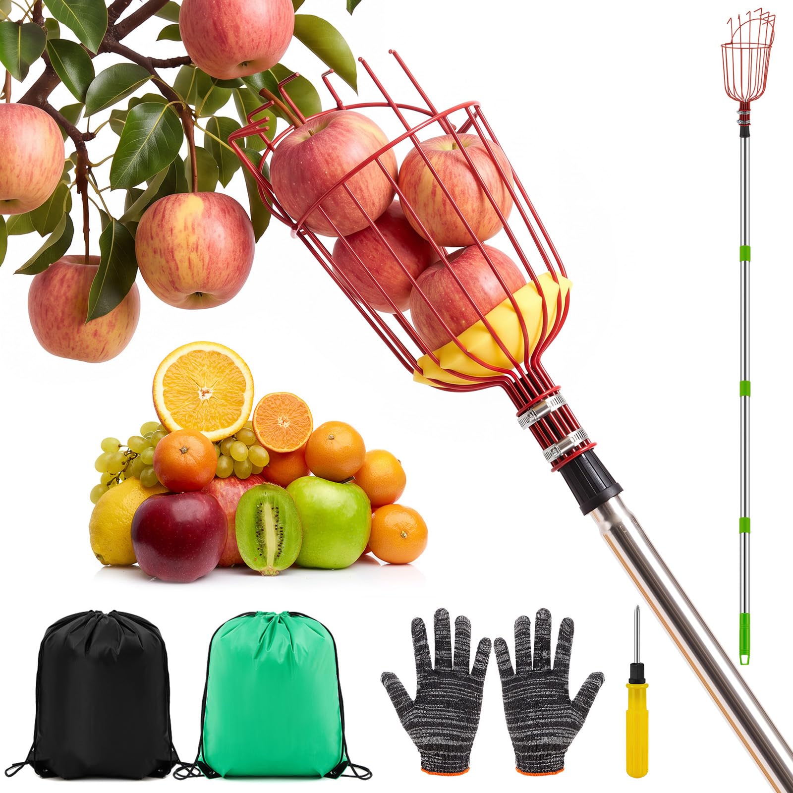 Colingmill 26ft Fruit Picker Pole with Basket, Red