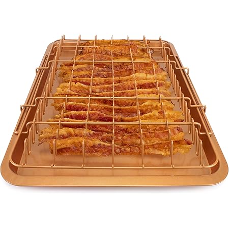 EaZy MealZ Bacon Rack & Tray Set | Specialty Tray and Grease Catcher | Even Cooking | Non-Stick | Healthy Cooking | Durable Material | Customized Cooking Experience (X-Large, Copper)