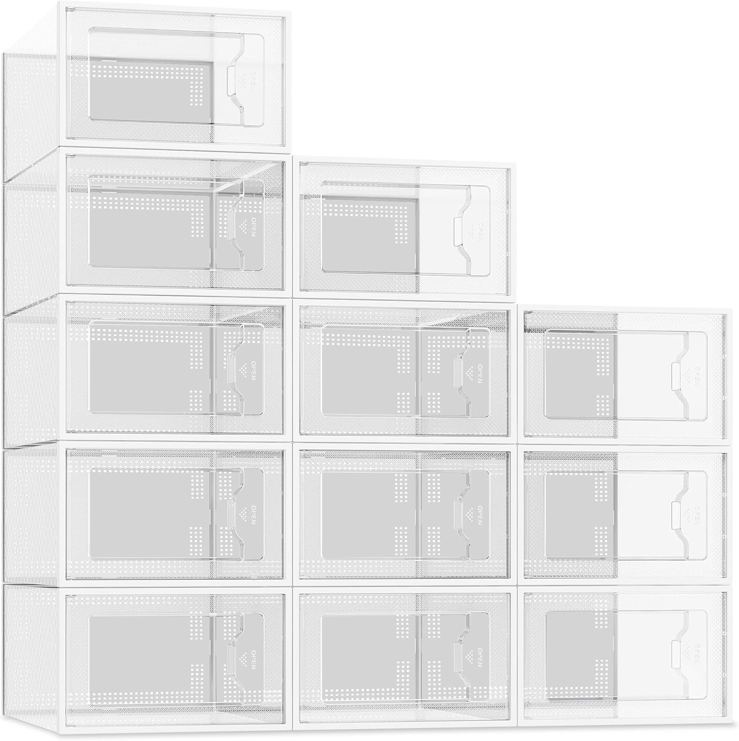 12 Pack Shoe Storage Box, Clear Plastic Stackable Shoe Organizer for Closet, Space Saving X-Large Foldable Shoe Sneaker Containers Bins Holders Fit up to Size 14 (Clear) : Home & Kitchen