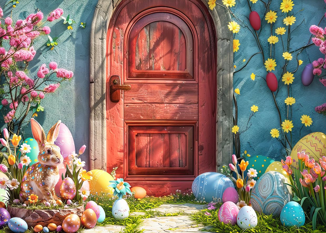 SJOLOON Easter Backdrop Spring Rabbits Flowers Egg Backdrop for Easter Party Decoration 12765(7x5FT)