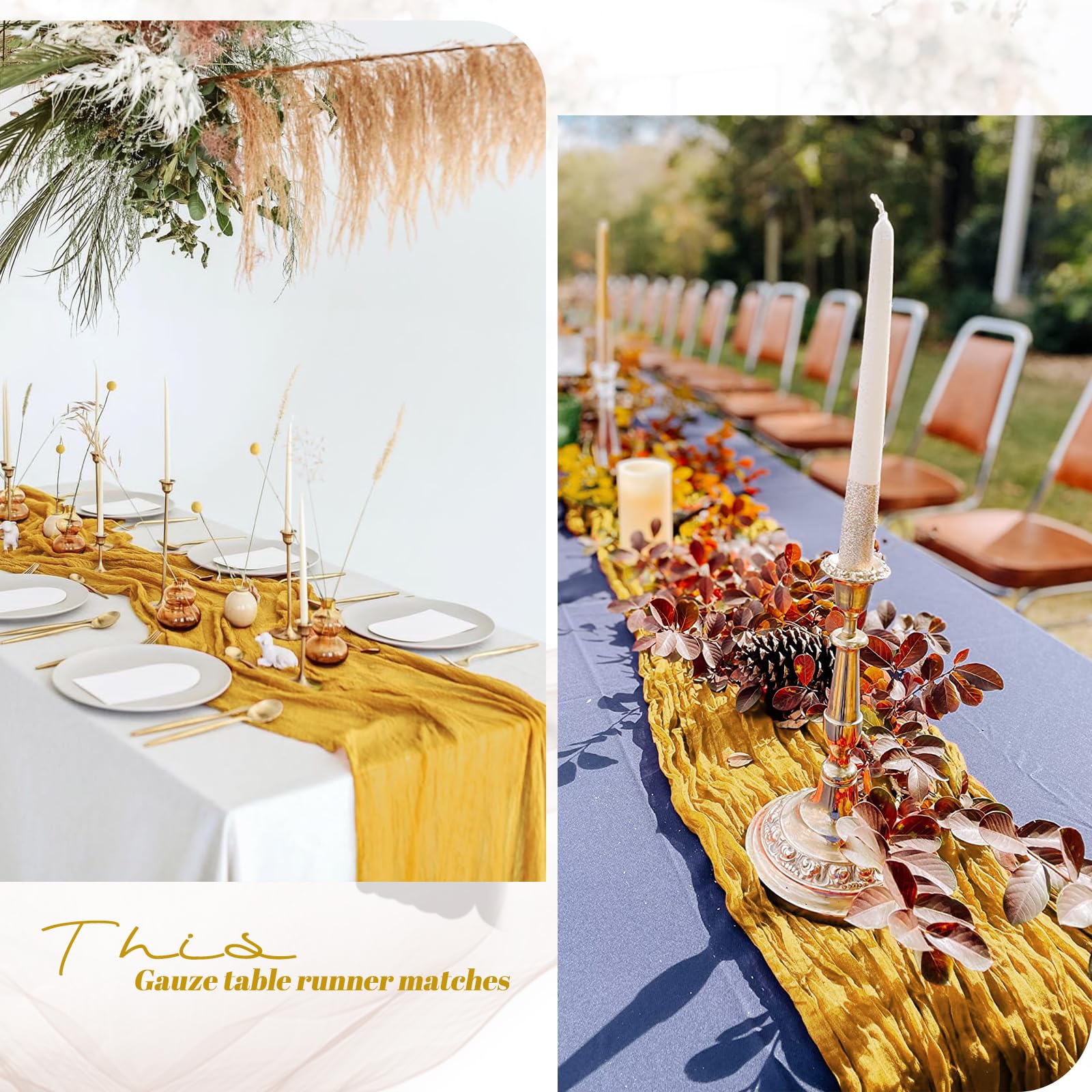 Paquete de 10 caminos de mesa de gasa amarillo mostaza, tela semitransparente de gasa de 10 pies para recepción de boda, fiesta rústica bohemia