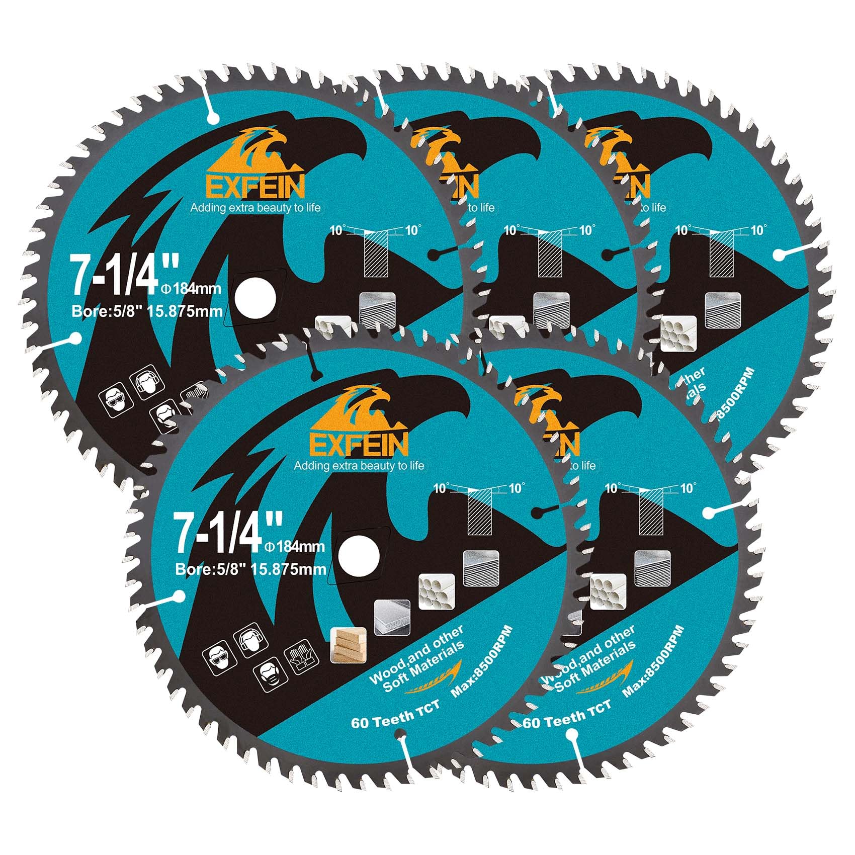 EXFEIN 184mm Wood Cutting Discs 5pcs, 60 Teeth ATB TCT Fine Finish Disc with 15.875mm Bore for Wood Plastic
