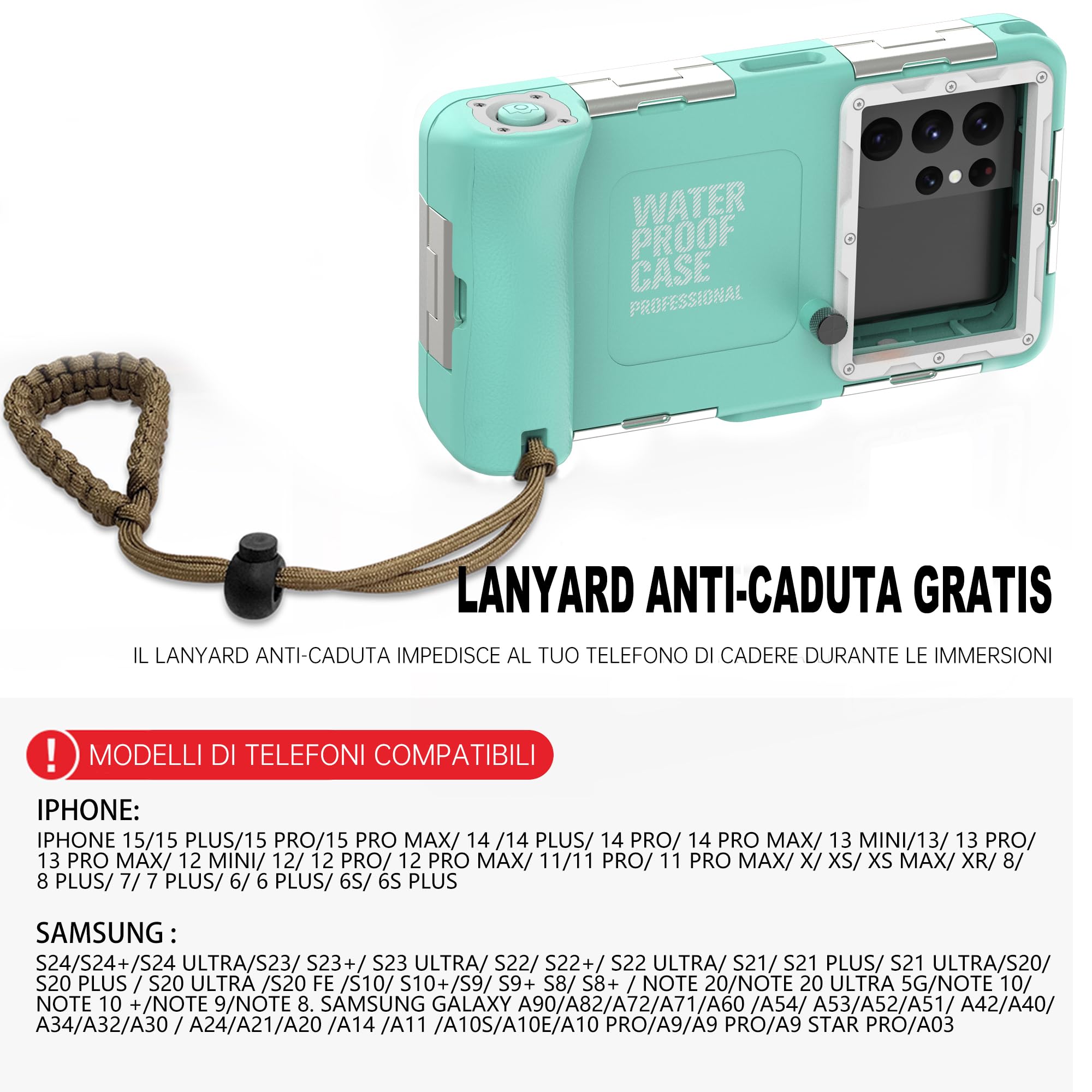 Custodia Impermeabile Subacquea Professionale IP68 15M - Compatibile con iPhone, Samsung, Huawei, Xiaomi - Fino a 6,9 Pollici - Per Immersioni, Snorkeling, Surf e Nuoto (verde blu)