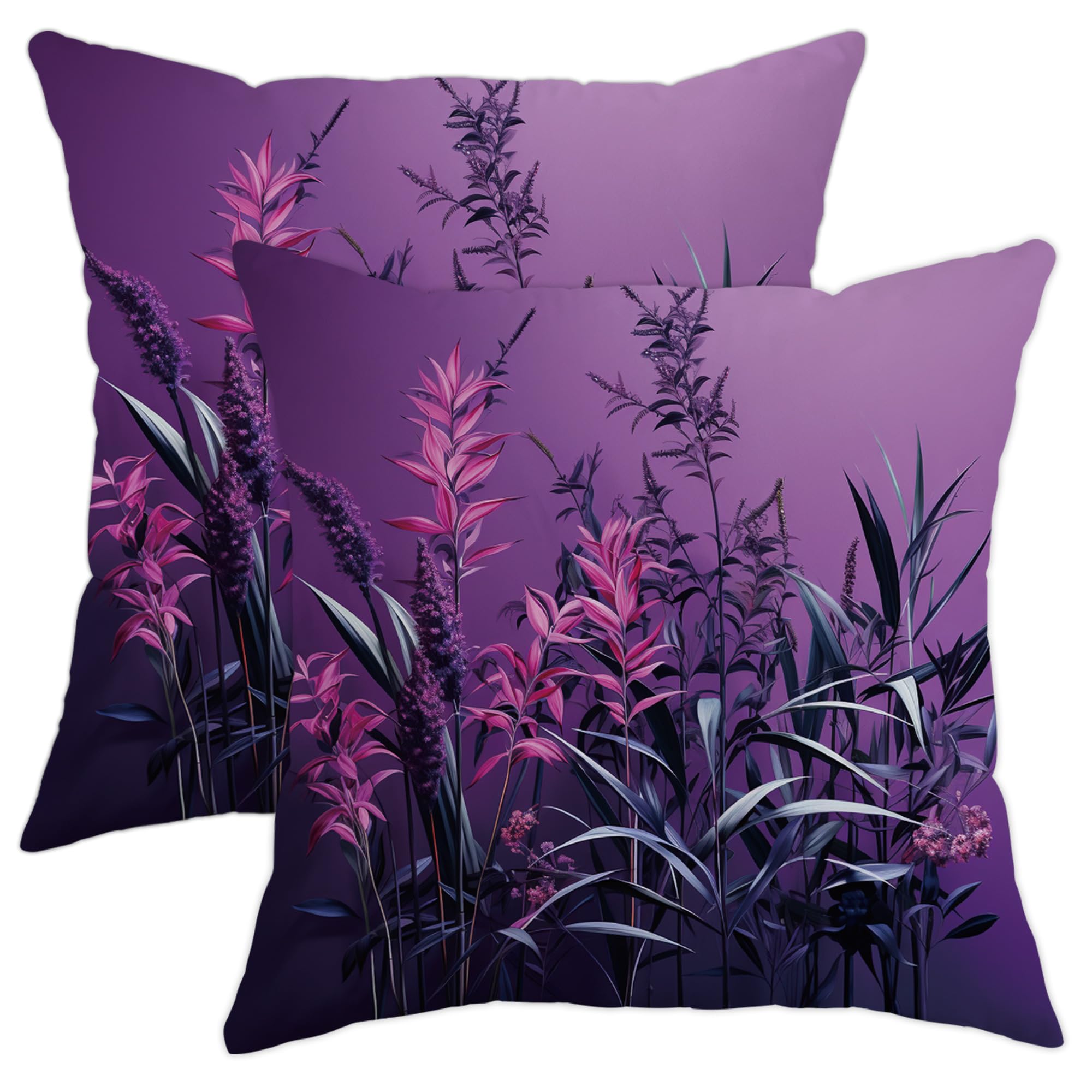 Plants Throw Pillow Covers Set of 2 Modern Nature Green Leaves Lavender Mystery Art Design Violet Cozy Velvet Washable Decorative for Bed Indoor Office Bedroom Sofa Cushion Cover 16x16inch